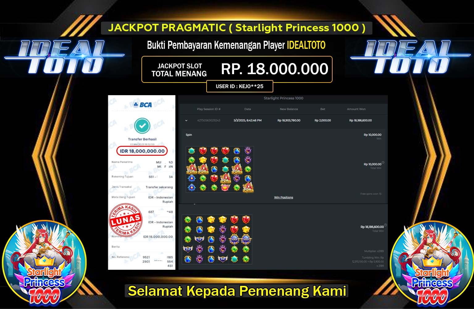 IDEALTOTO JACKPOT Starlight Princess 1000 Rp.18.000.000,- LUNAS