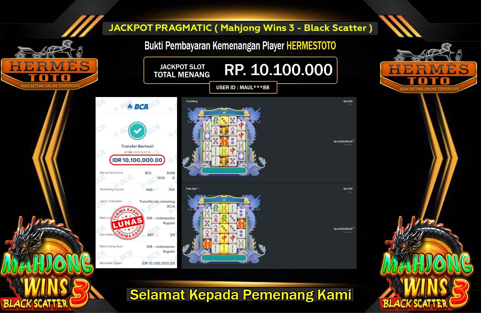 HERMESTOTO JACKPOT Pragmatic (Mahjong Wins 3 - Black Scatter) Rp.10.100.000,- LUNAS