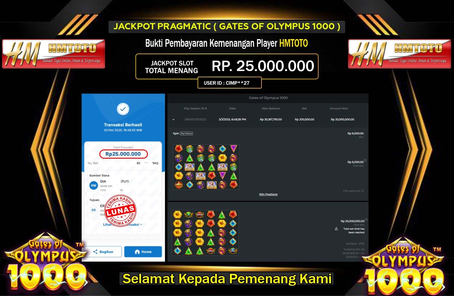 HMTOTO JACKPOT Pragmatic (Gates of Olympus 1000) Rp.25.000.000,- LUNAS