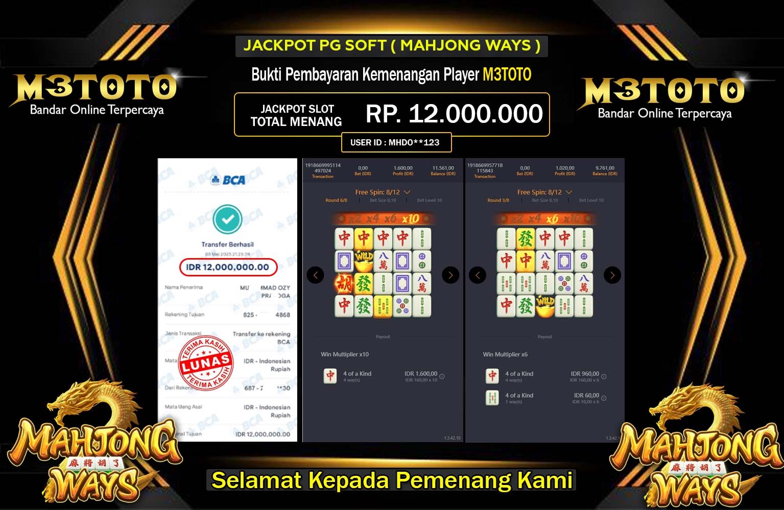 M3TOTO JACKPOT Pg Soft (Mahjong Ways) Rp.12.000.000,- LUNAS