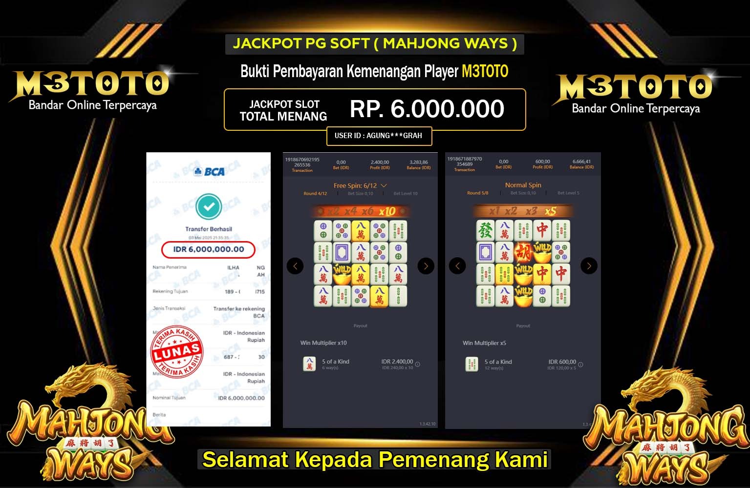 M3TOTO JACKPOT Pg Soft (Mahjong Ways) Rp.6.000.000,- LUNAS