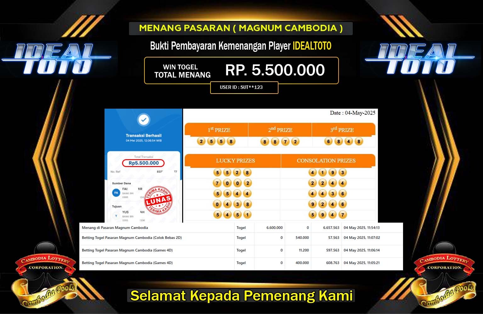 IDEALTOTO JACKPOT Pasaran Magnum Cambodia Rp.5.500.000,- LUNAS