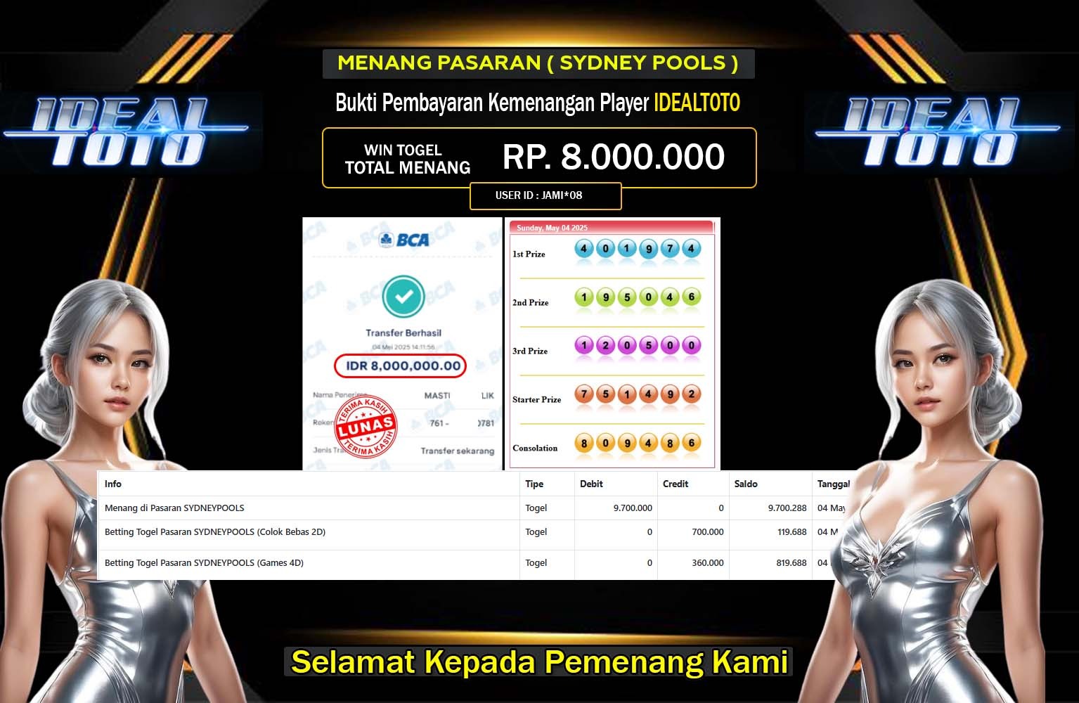 IDEALTOTO JACKPOT SYDNEY POOLS Rp.8.000.000,- LUNAS