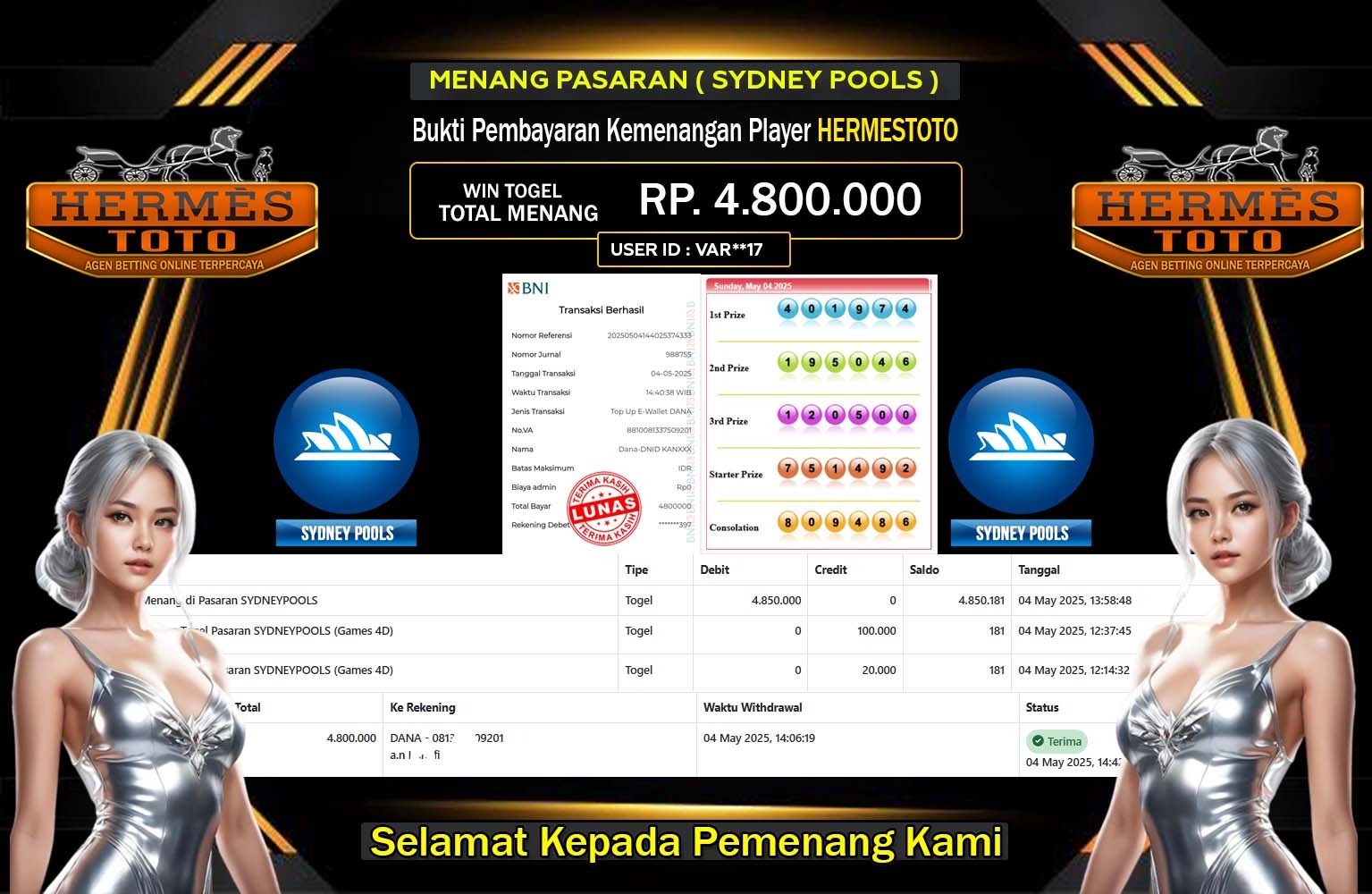 HERMESTOTO JACKPOT SYDNEY POOLS Rp.4.800.000,- LUNAS