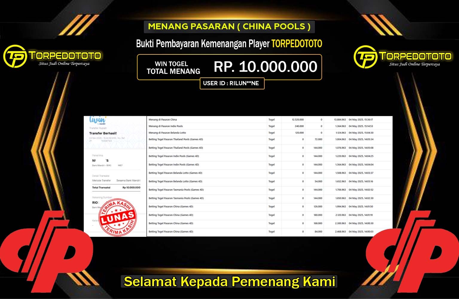 TORPEDOTOTO JACKPOT CHINA POOLS Rp.10.000.000,- LUNAS