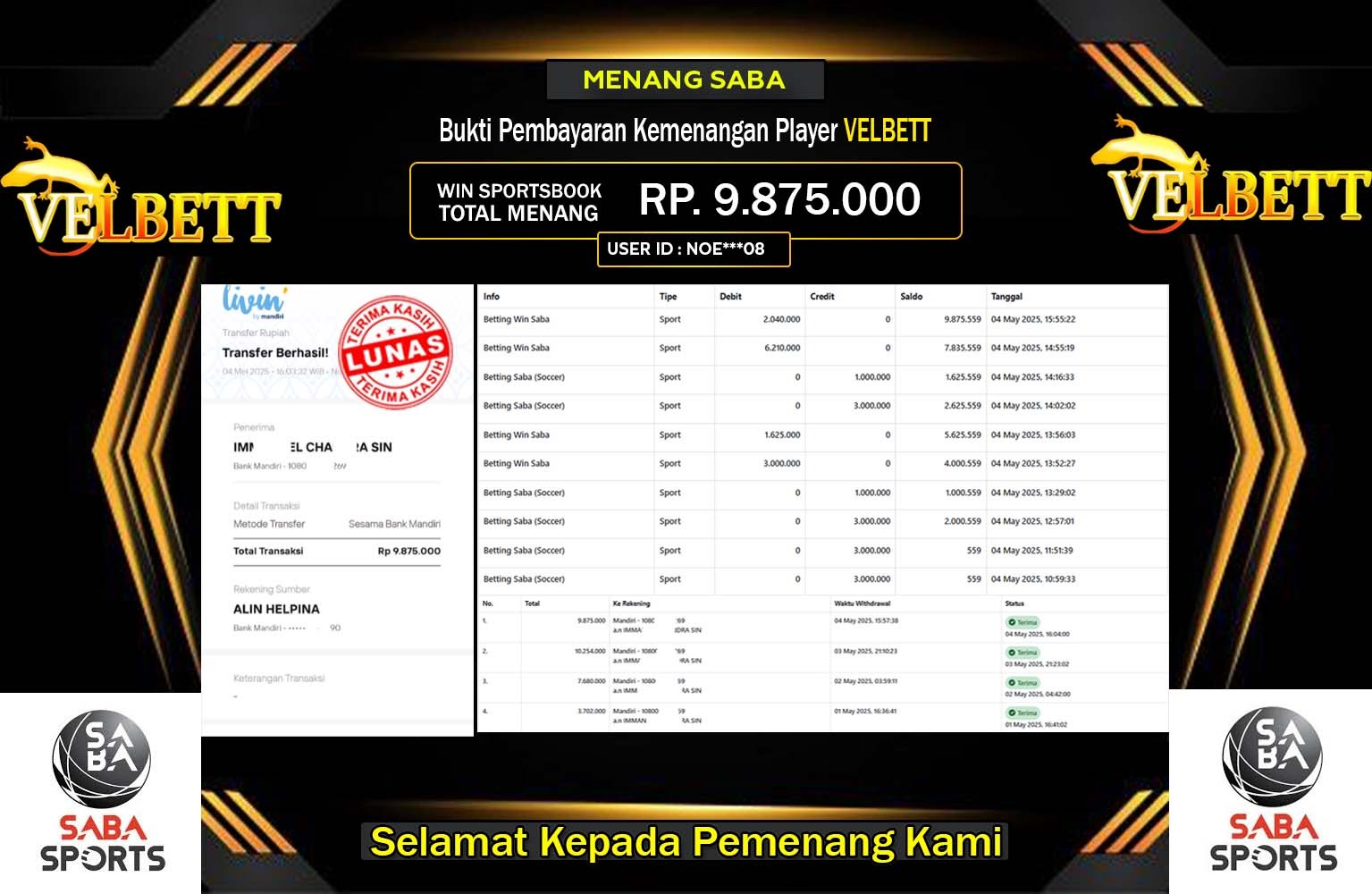 VELBETT JACKPOT SABA SPORT Rp.9.875.000,- LUNAS