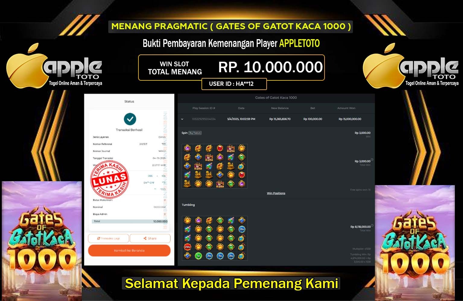 APPLETOTO JACKPOT (Gates of Gatot Kaca 1000) Rp.10.000.000,- LUNAS