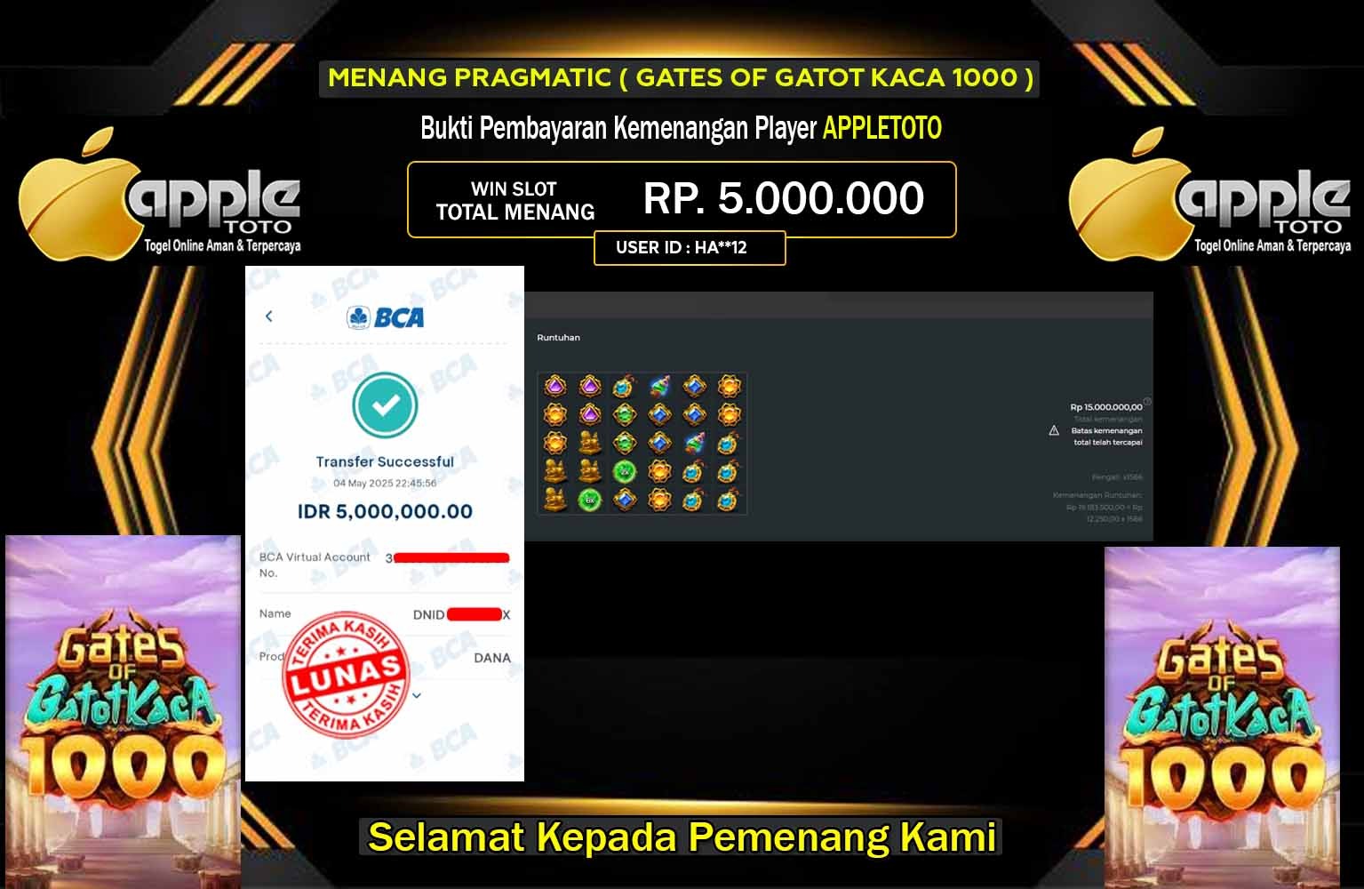 APPLETOTO JACKPOT (Gates of Gatot Kaca 1000) Rp.5.000.000,- LUNAS