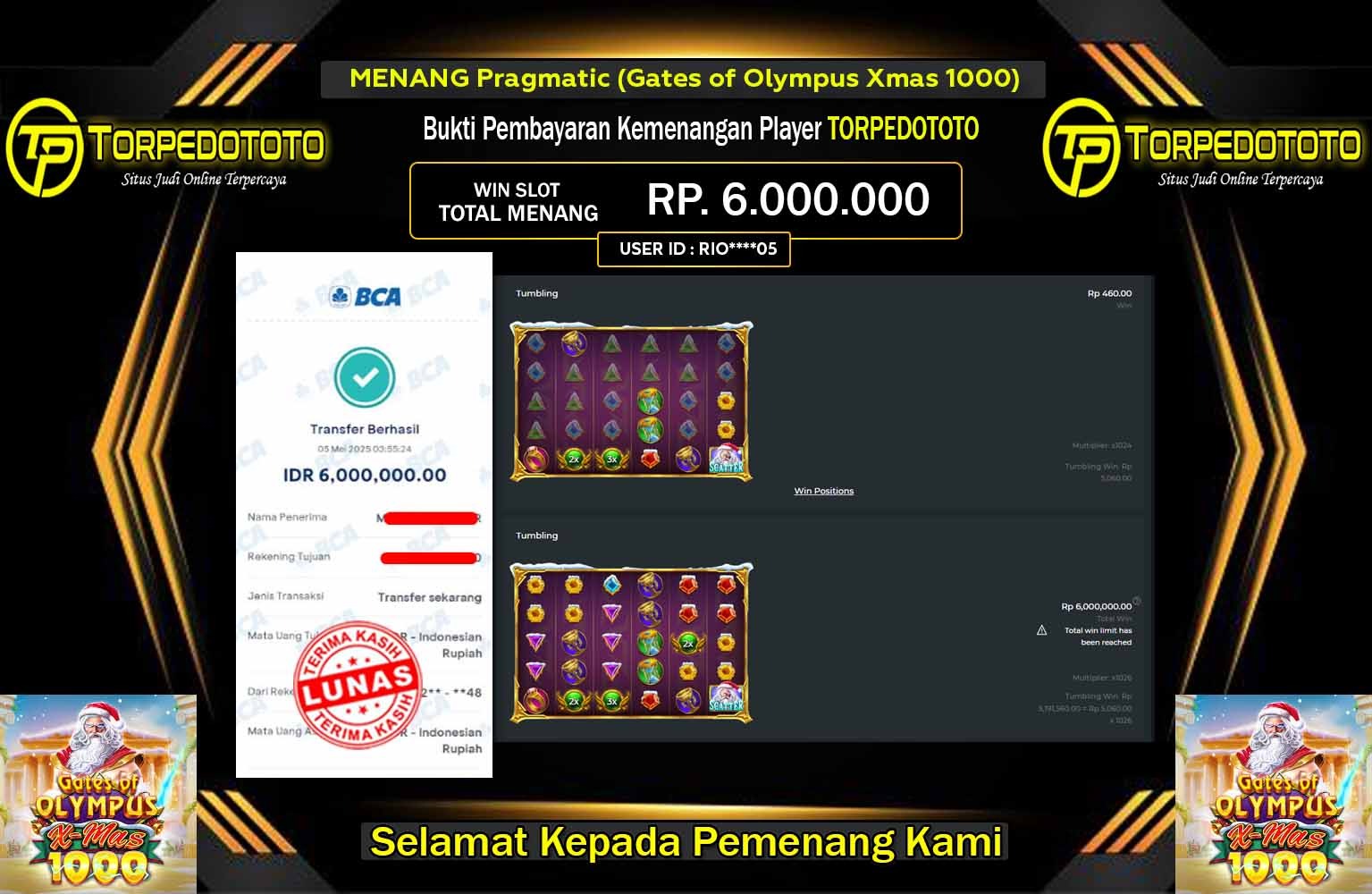 TORPEDOTOTO JACKPOT Pragmatic (Gates of Olympus Xmas 1000) Rp.6.000.000,- LUNAS