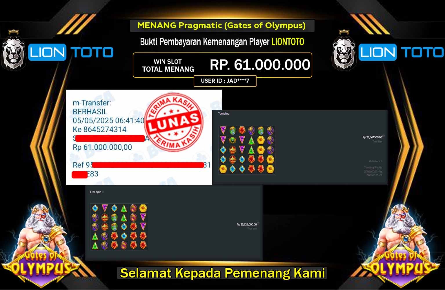 LIONTOTO JACKPOT Pragmatic (Gates of Olympus)  Rp.61.000.000,- LUNAS