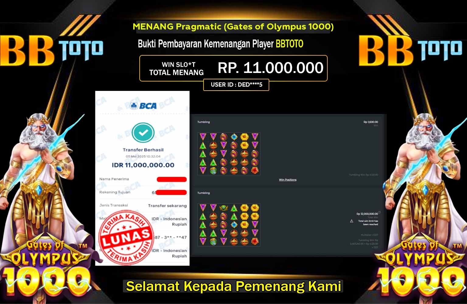 BBTOTO JACKPOT Pragmatic (Gates of Olympus 1000) Rp.11.000.000,- LUNAS