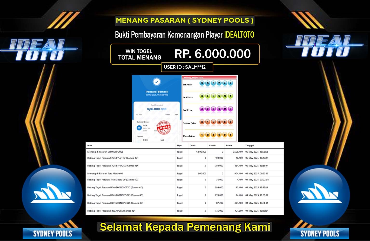IDEALTOTO JACKPOT SYDNEY POOLS Rp.6.000.000,- LUNAS