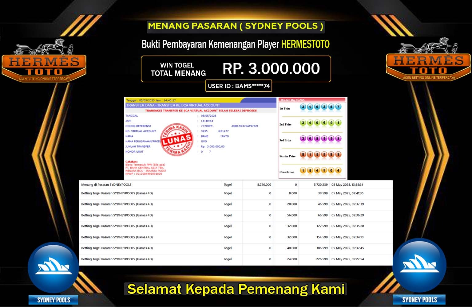 HERMESTOTO JACKPOT SYDNEY POOLS Rp.3.000.000,- LUNAS