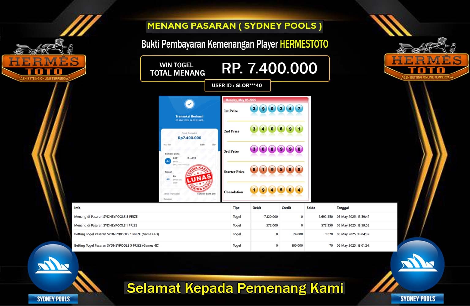 HERMESTOTO JACKPOT SYDNEY POOLS Rp.7.400.000,- LUNAS