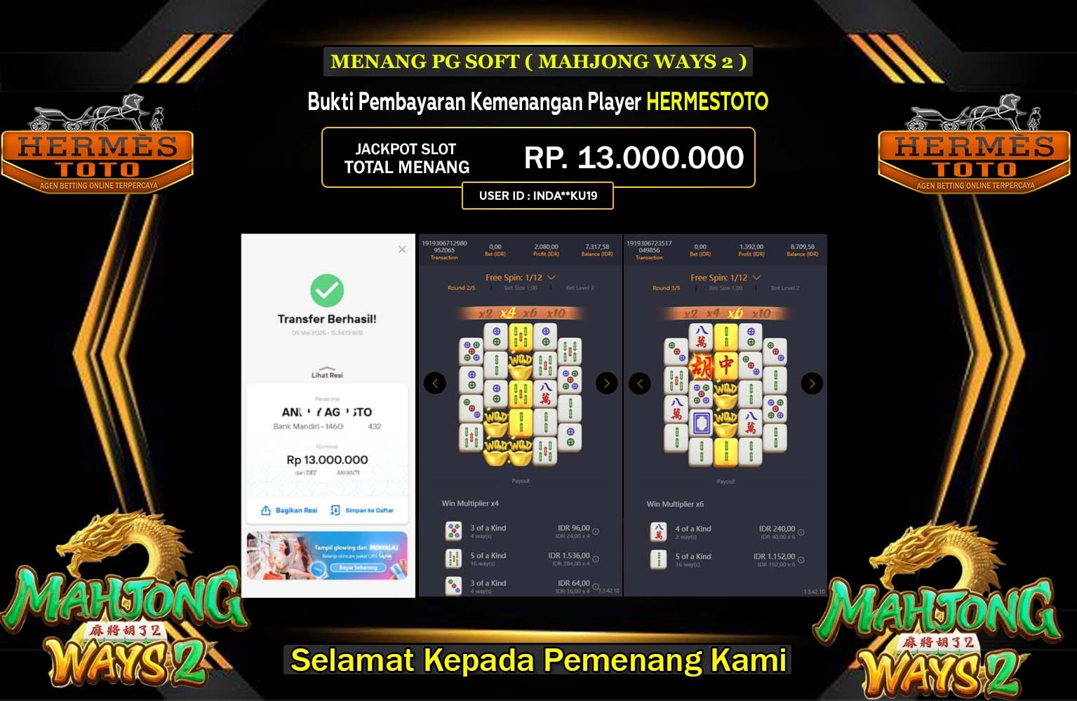 HERMESTOTO JACKPOT Pg Soft (Mahjong Ways 2) Rp.13.000.000,- LUNAS