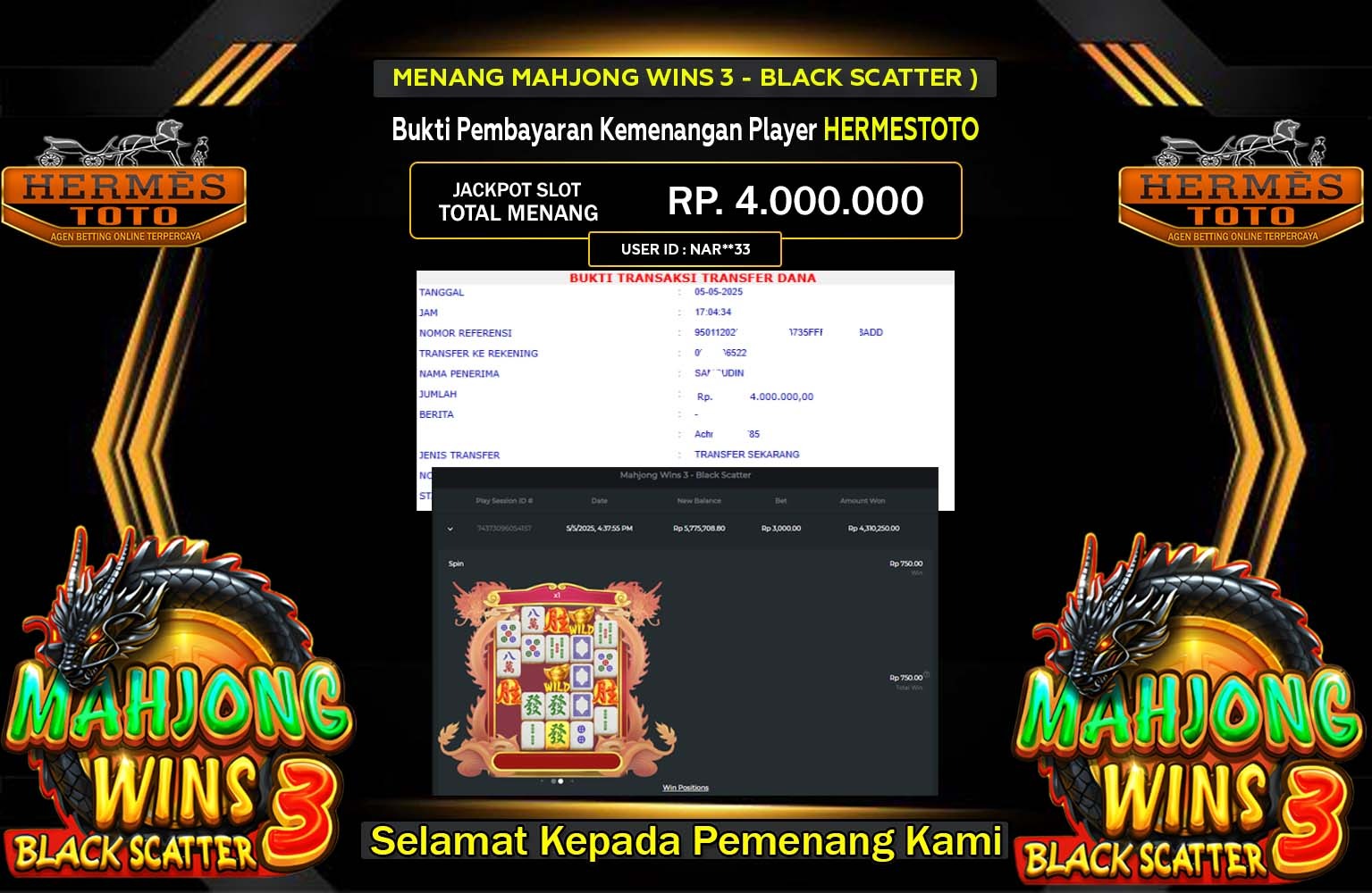 HERMESTOTO JACKPOT (Mahjong Wins 3 - Black Scatter) Rp.4.000.000,- LUNAS