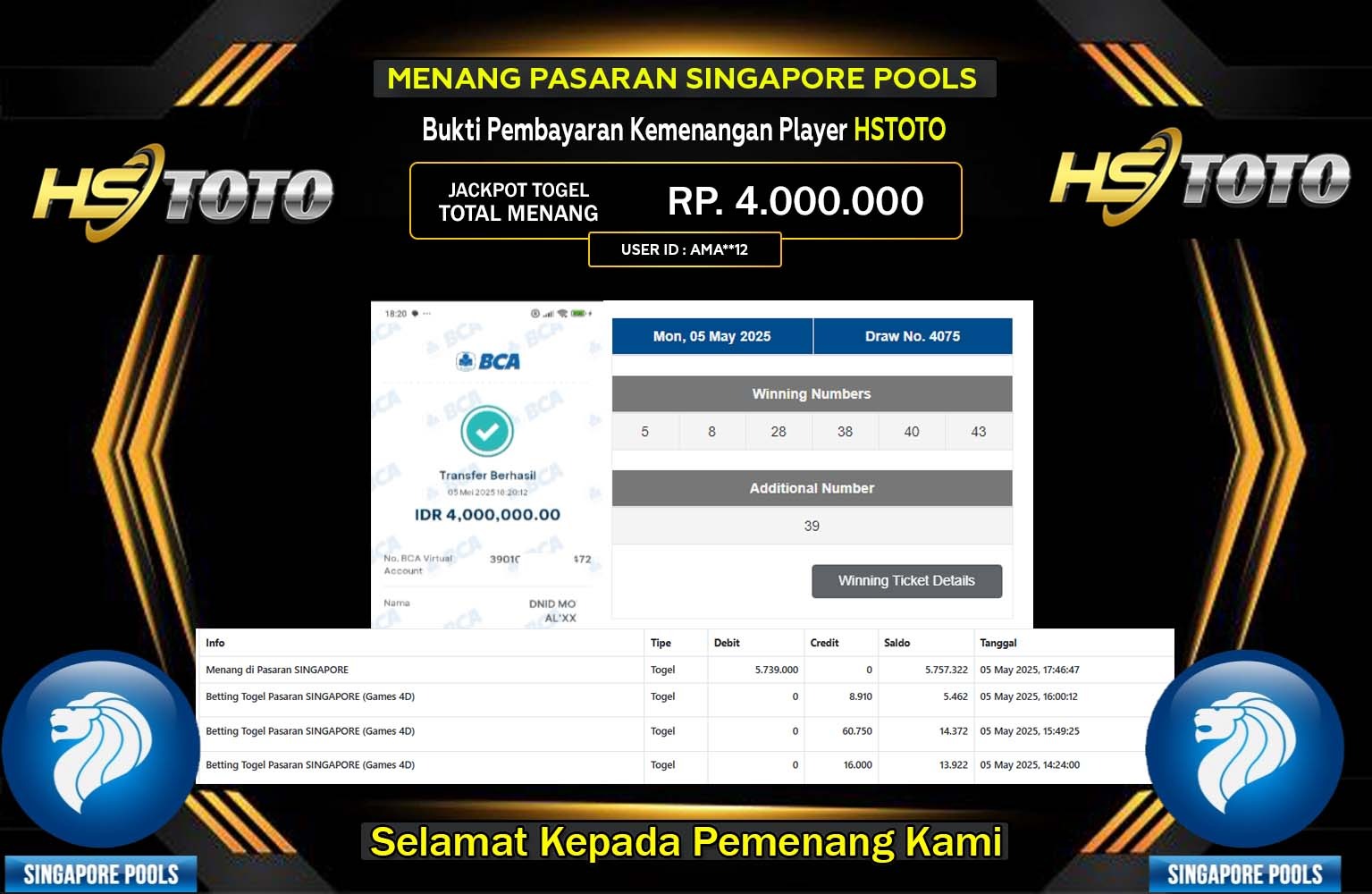 HSTOTO JACKPOT SINGAPORE POOLS Rp.4.000.000,- LUNAS