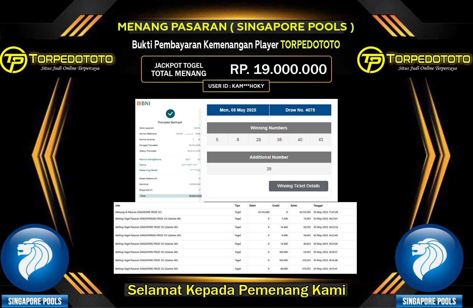 TORPEDOTOTO JACKPOT SINGAPORE POOLS Rp.19.000.000,- LUNAS