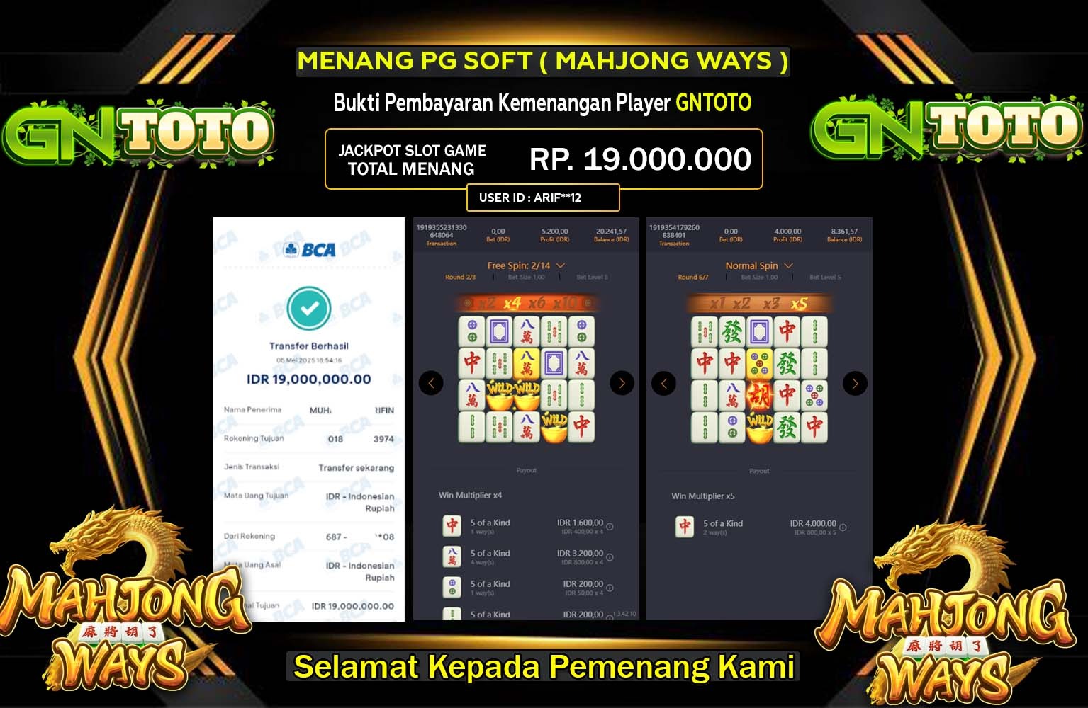 GNTOTO JACKPOT Pg Soft (Mahjong Ways) Rp.19.000.000,- LUNAS