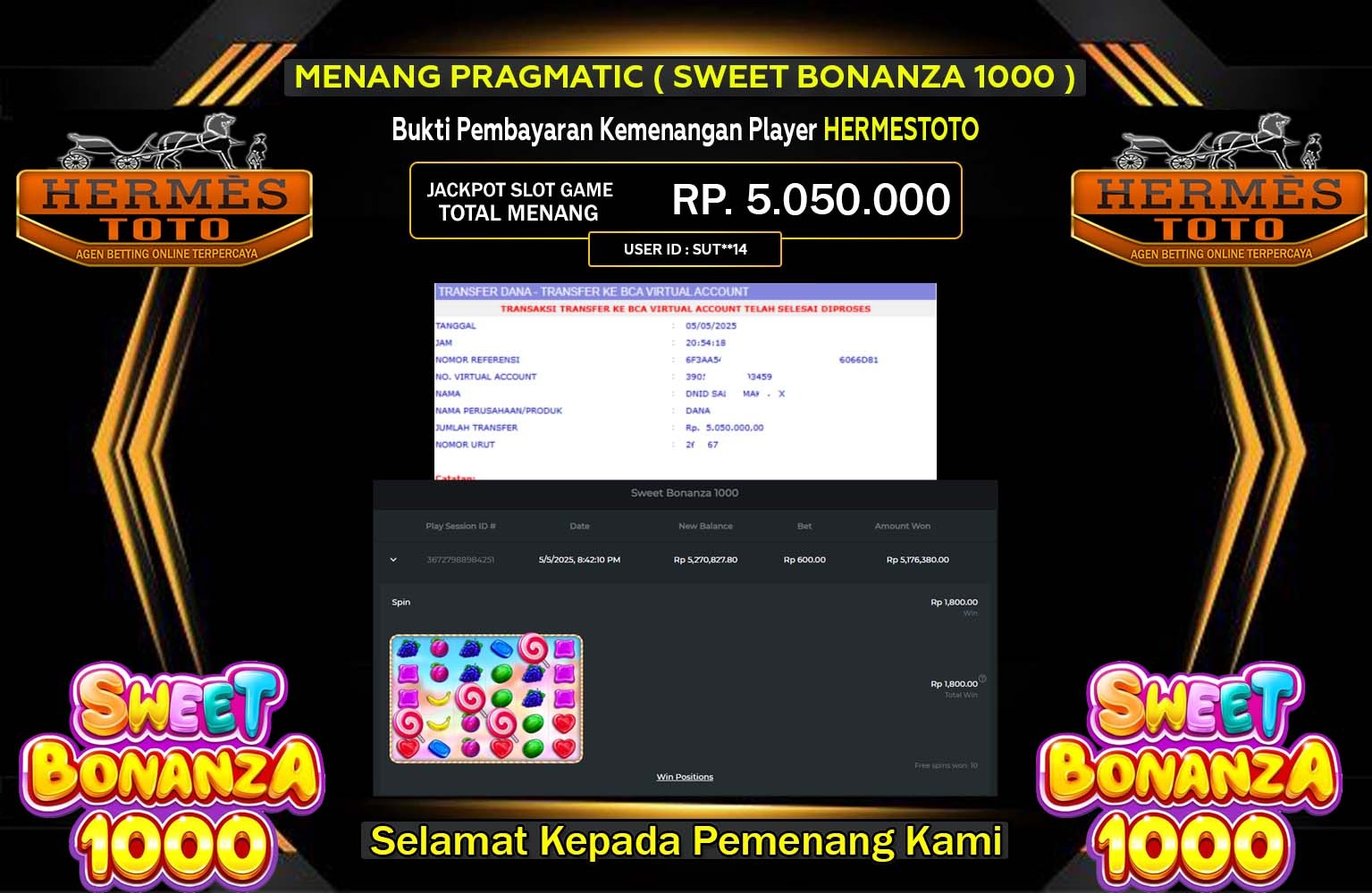 HERMESTOTO JACKPOT Pragmatic (Sweet Bonanza 1000) Rp.5.050.000,- LUNAS
