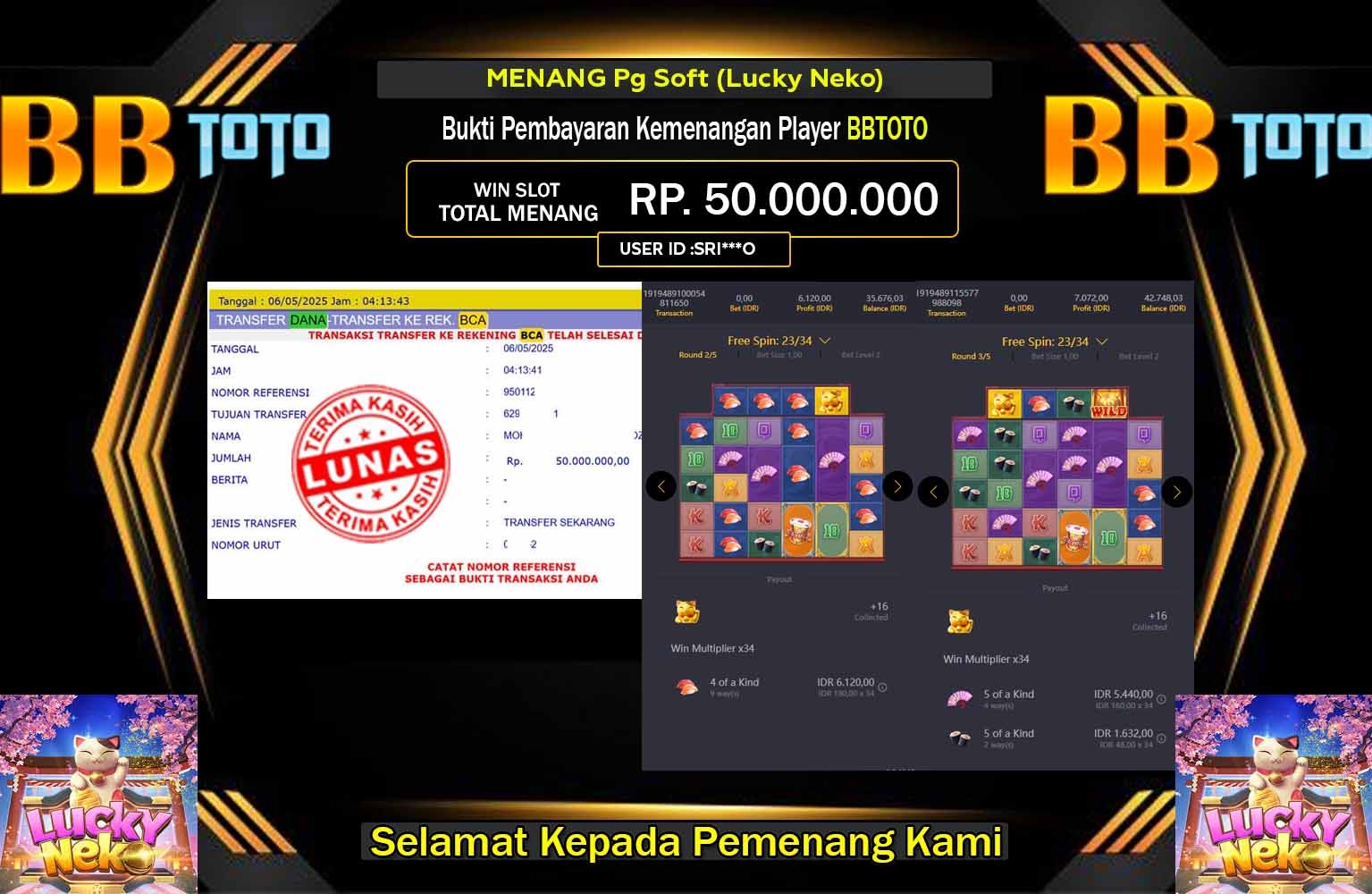 BBTOTO JACKPOT Pg Soft (Lucky Neko) Rp.50.000.000,- LUNAS