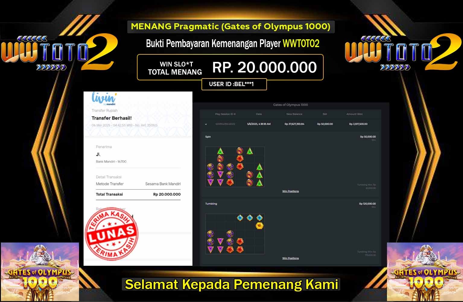 WWTOTO2 JACKPOT Pragmatic (Gates of Olympus 1000)  Rp.20.000.000,- LUNAS