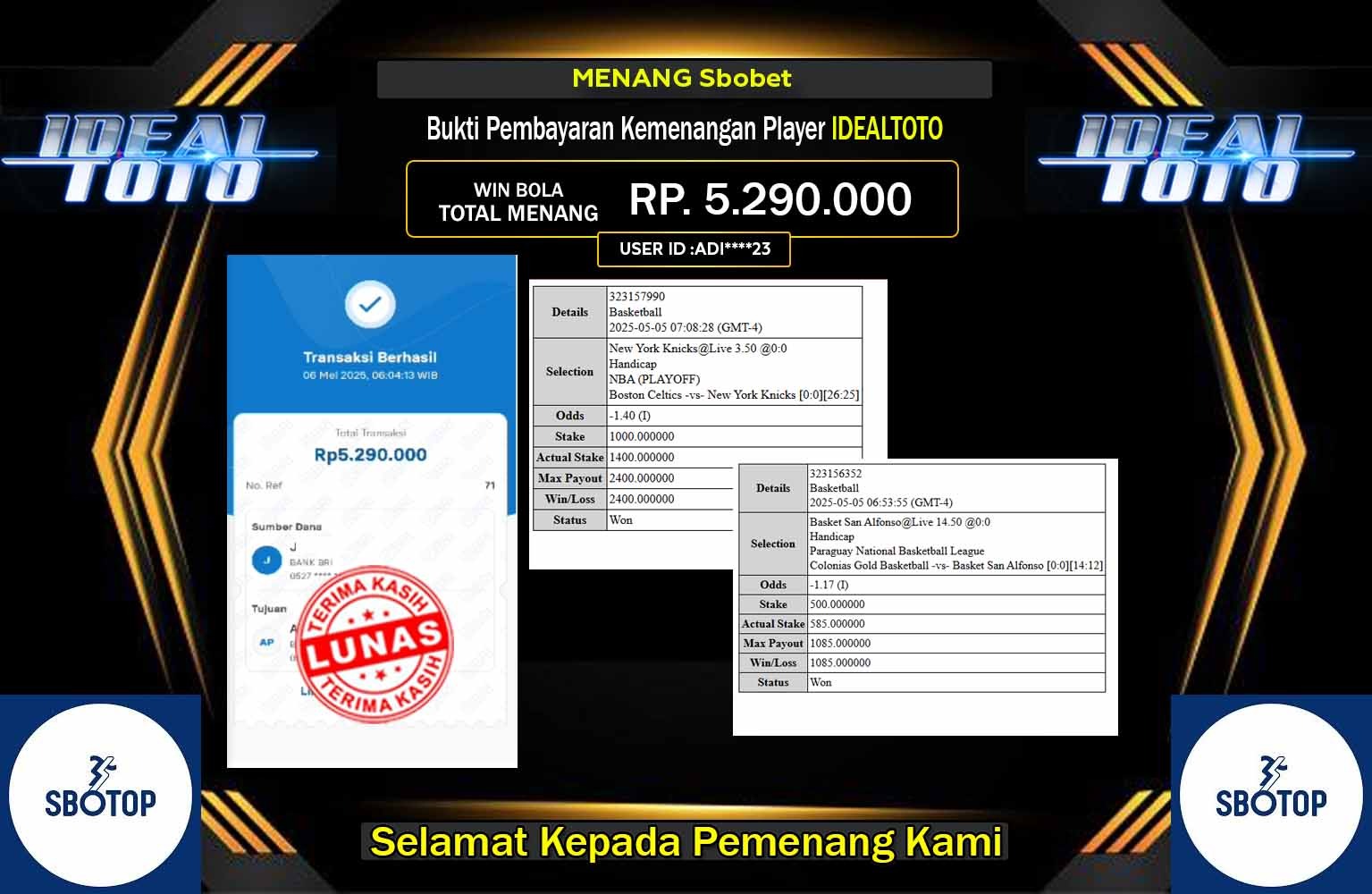 IDEALTOTO JACKPOT Sbobet Rp.5.290.000,- LUNAS