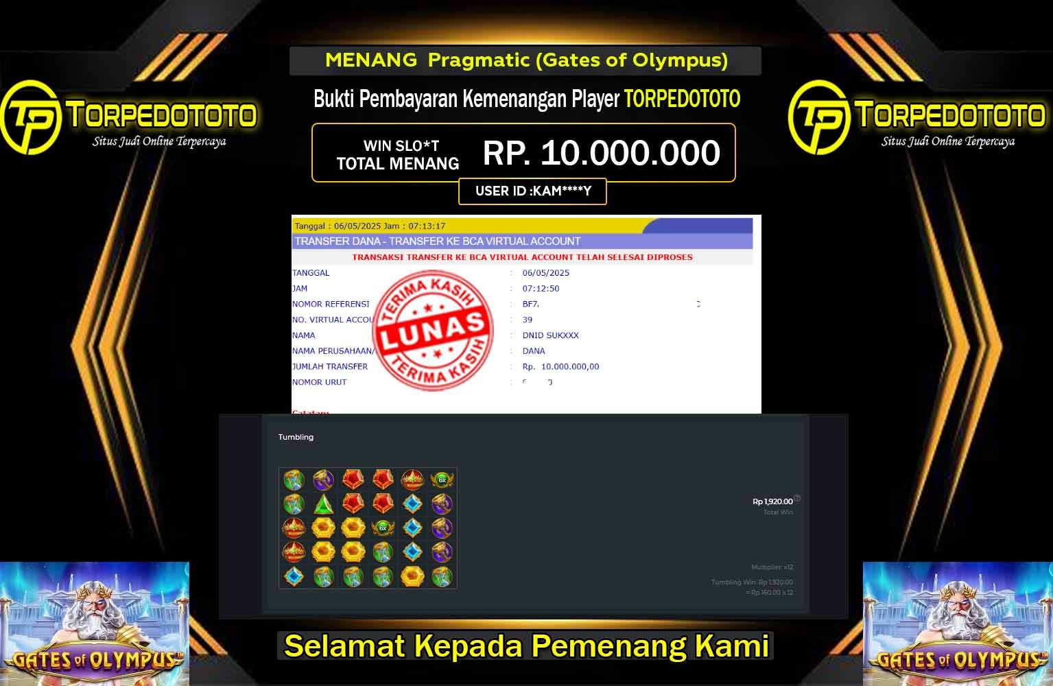 TORPEDOTOTO JACKPOT Pragmatic (Gates of Olympus) Rp.10.000.000,- LUNAS