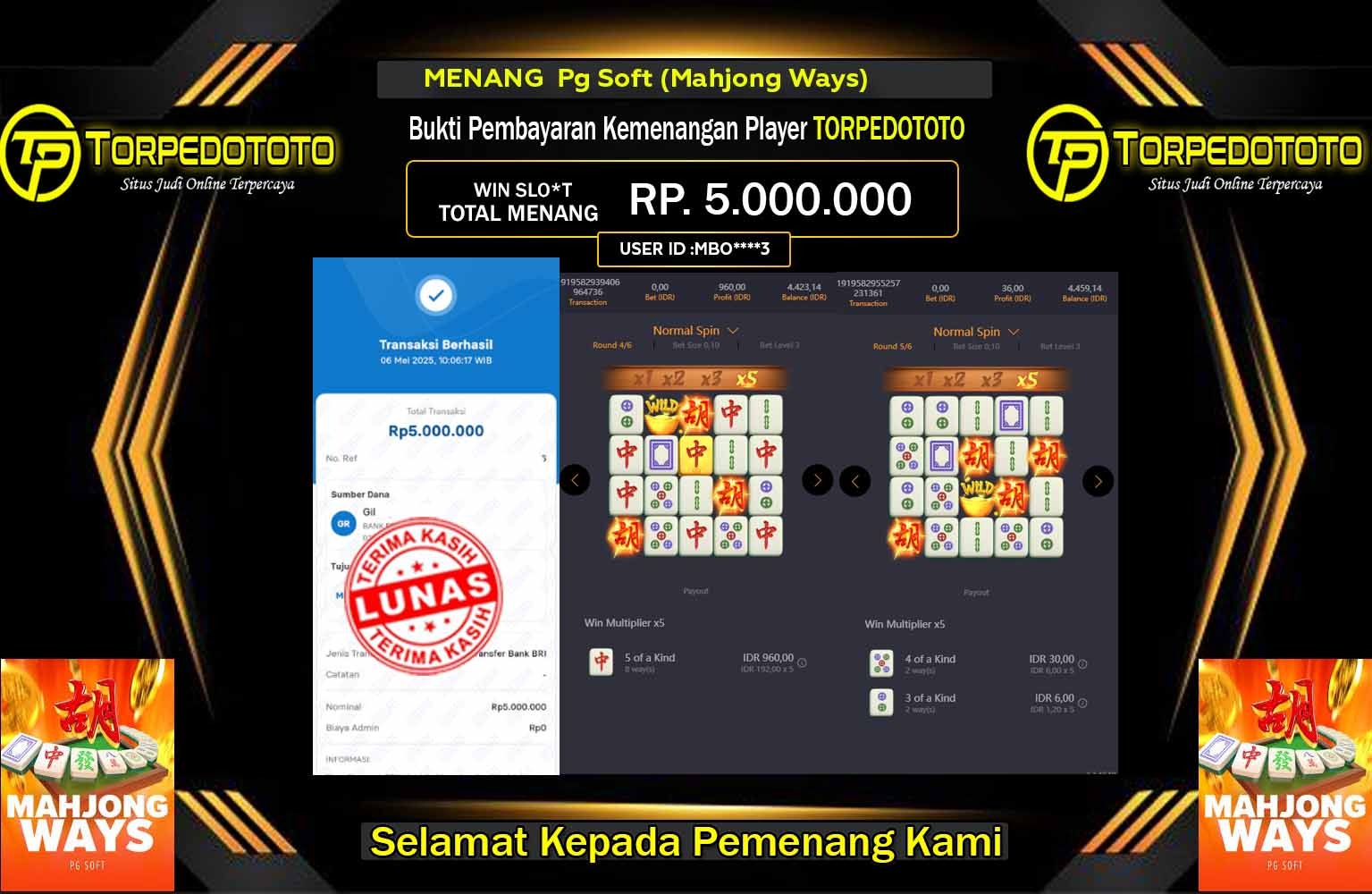 TORPEDOTOTO JACKPOT Pg Soft (Mahjong Ways ) Rp.5.000.000,- LUNAS