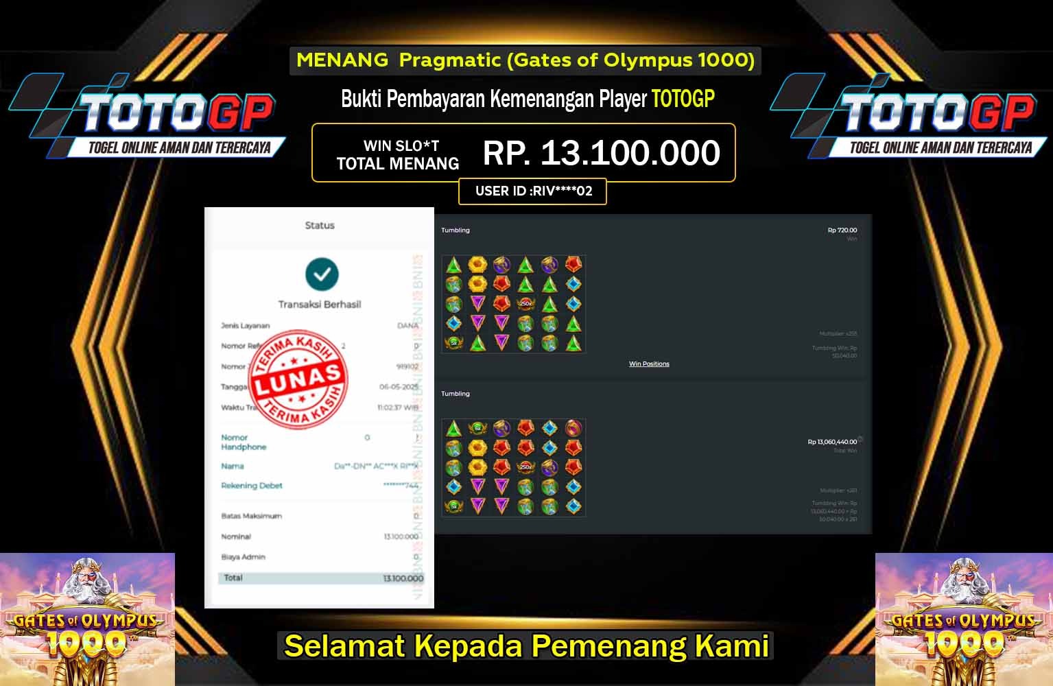 TOTOGP JACKPOT Pragmatic (Gates of Olympus 1000)  Rp.13.100.000,- LUNAS