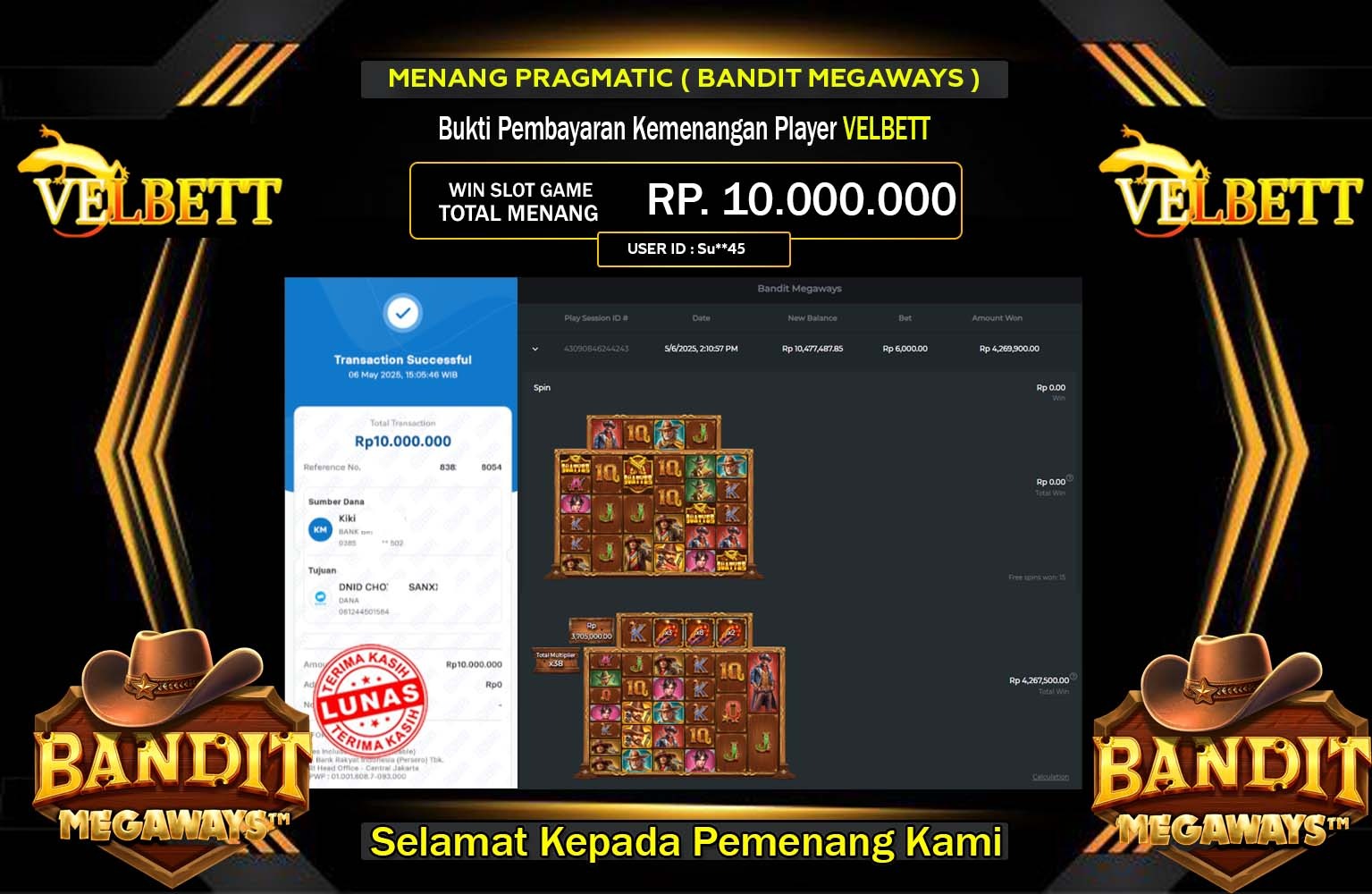 VELBETT JACKPOT Pragmatic (Bandit Megaways) Rp.10.000.000,- LUNAS
