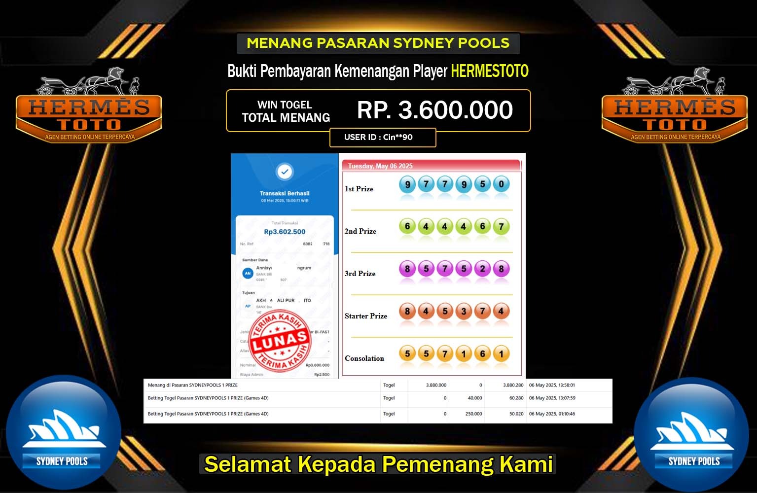 HERMESTOTO JACKPOT SYDNEY POOLS Rp.3.600.000,- LUNAS