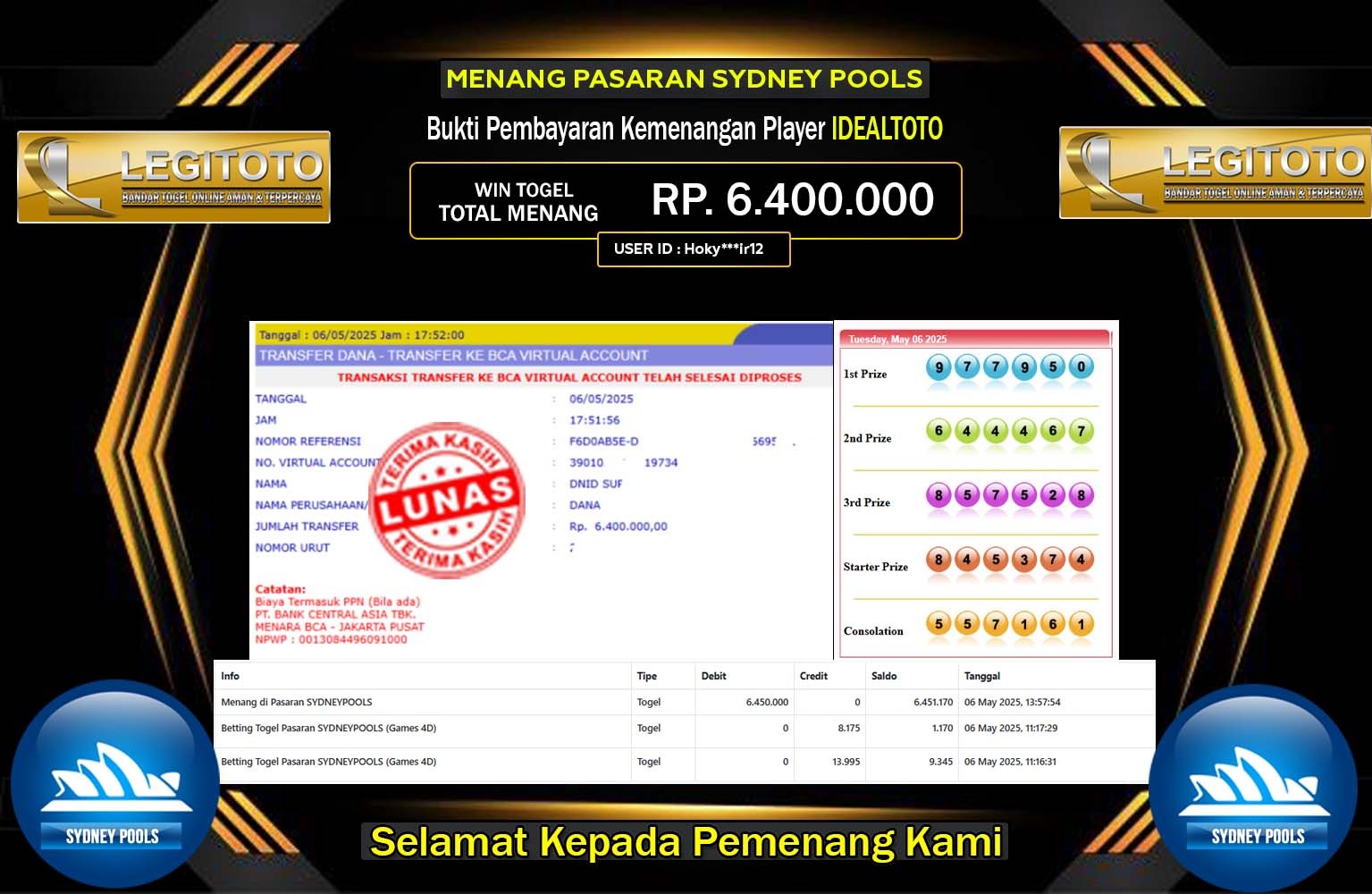 LEGITOTO JACKPOT SYDNEY POOLS Rp.6.000.000,- LUNAS