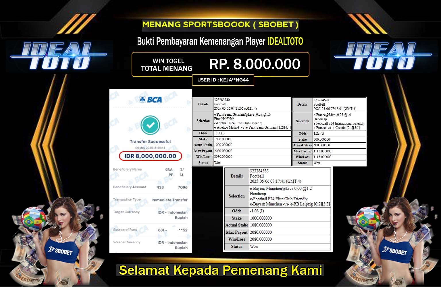 IDEALTOTO JACKPOT SBOBET Rp.8.000.000,- LUNAS