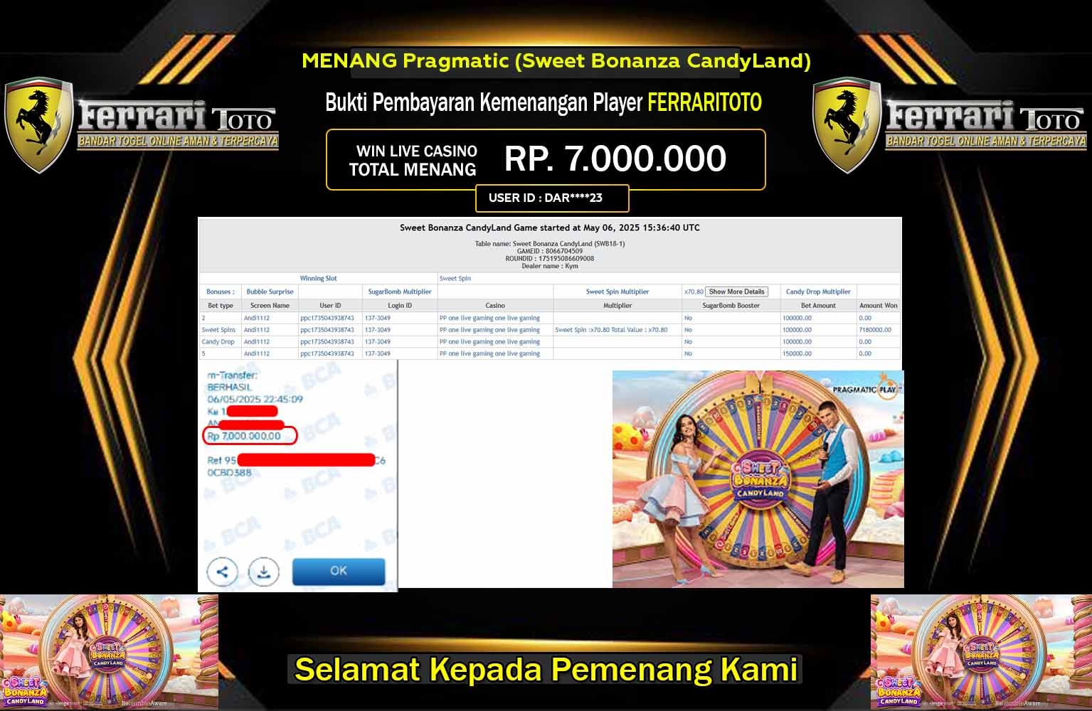 FERRARITOTO JACKPOT Pragmatic (Sweet Bonanza CandyLand) Rp.7.000.000,- LUNAS