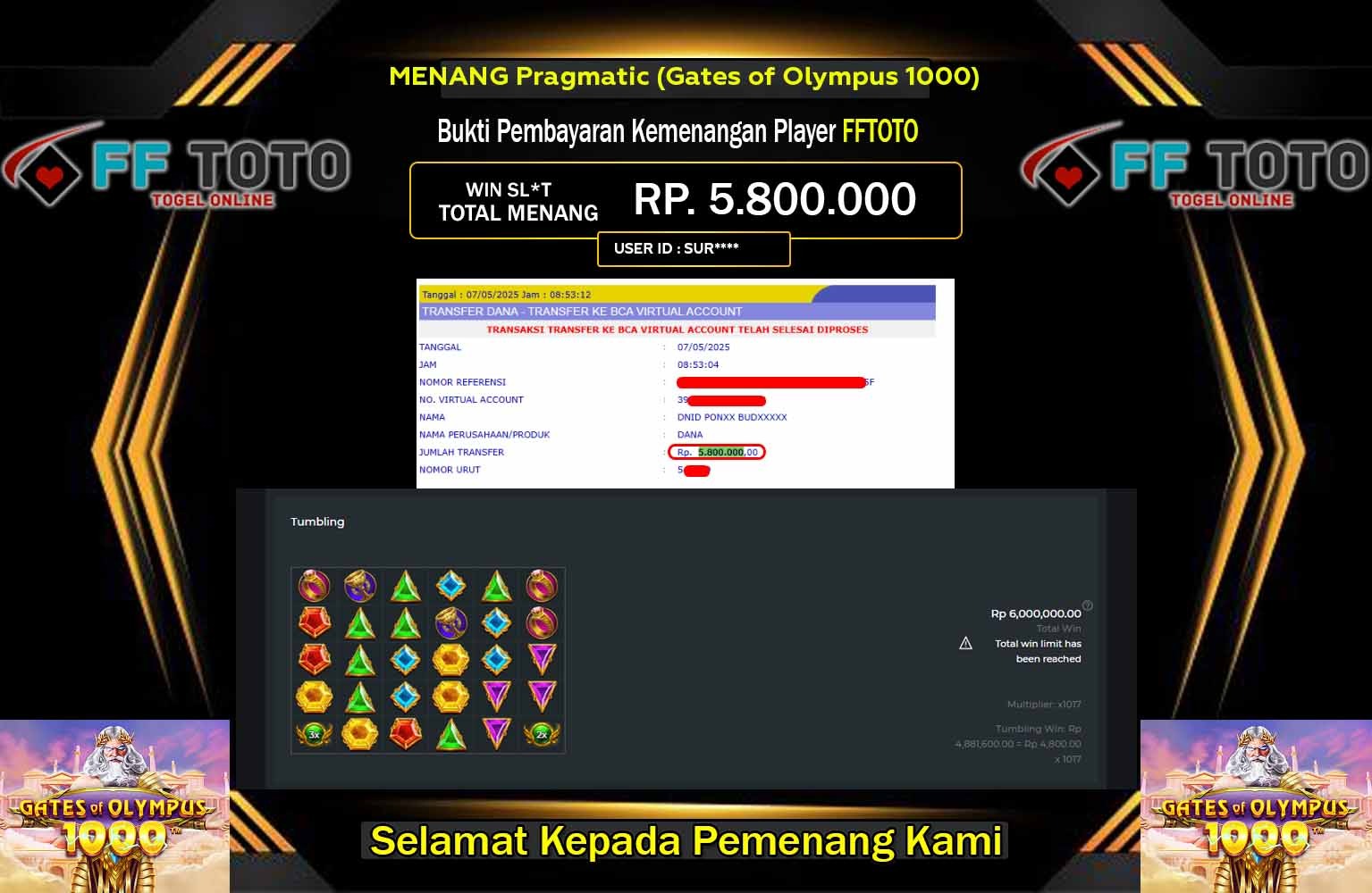 FFTOTO JACKPOT Pragmatic (Gates of Olympus 1000) Rp.5.800.000,- LUNAS