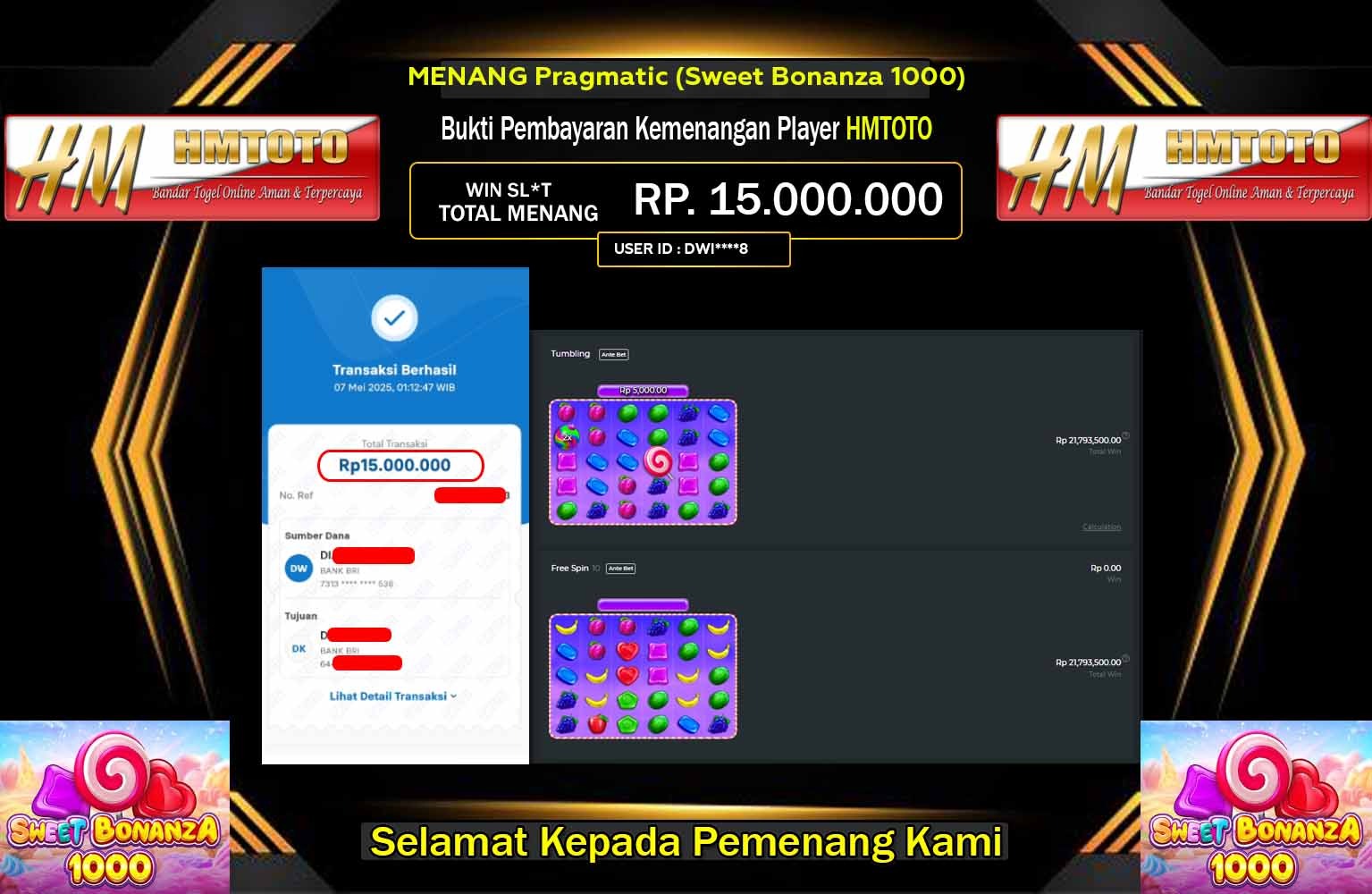 HMTOTO JACKPOT Pragmatic (Sweet Bonanza 1000) Rp.15.000.000,- LUNAS