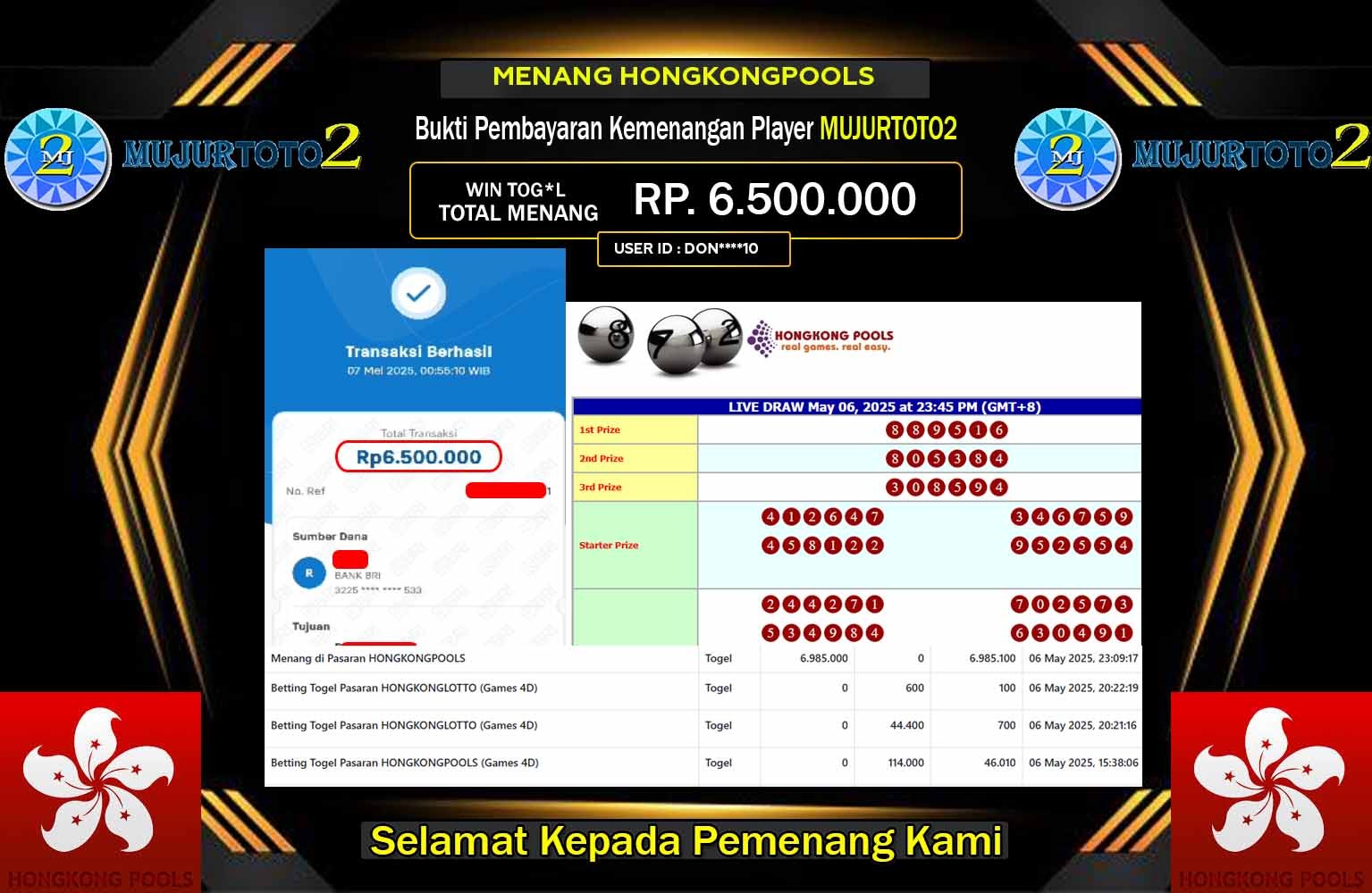 MUJURTOTO2 JACKPOT HONGKONGPOOLS  Rp.6.500.000,- LUNAS