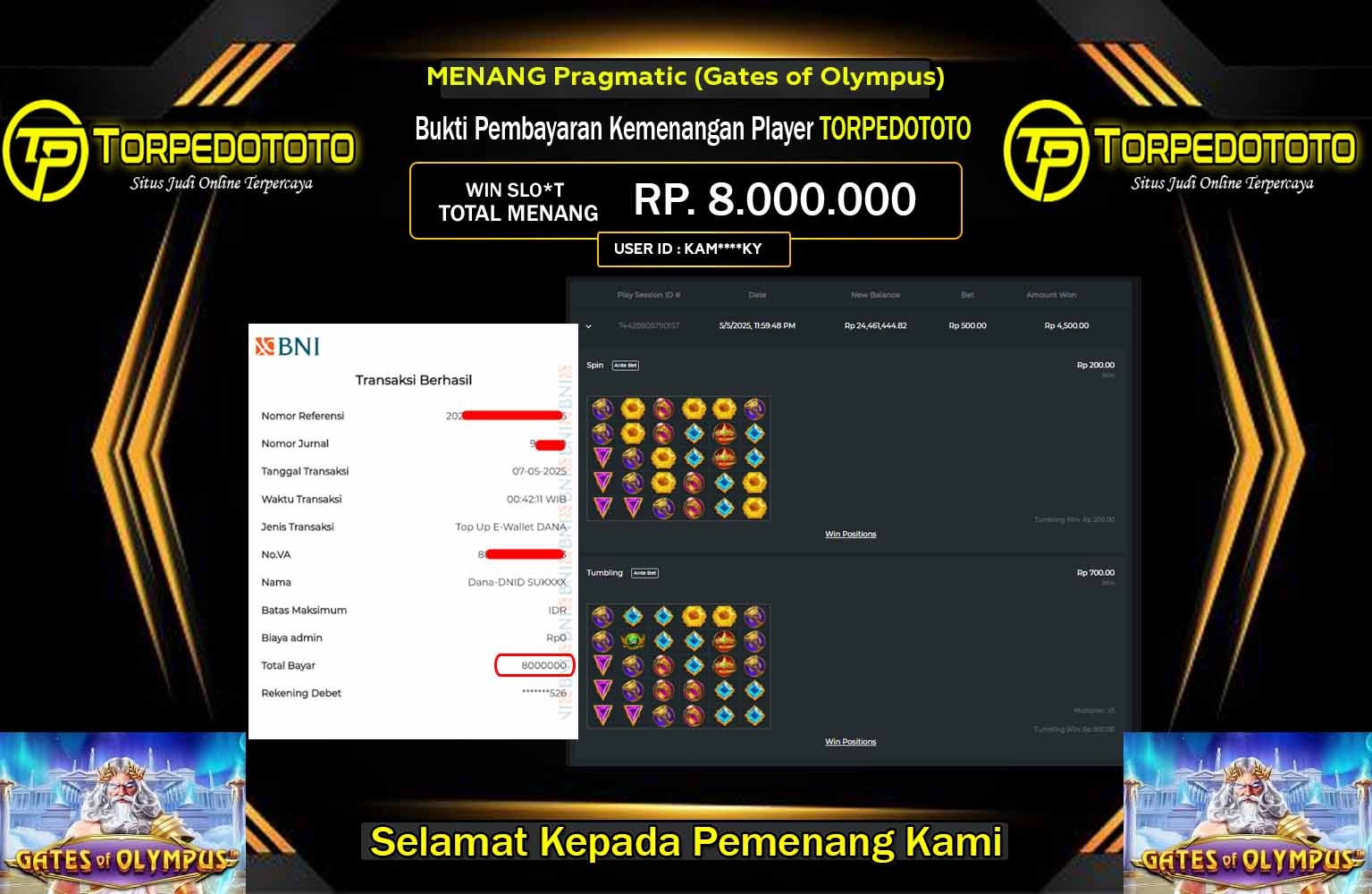 TORPEDOTOTO JACKPOT Pragmatic (Gates of Olympus) PM Rp.8.000.000,- LUNAS
