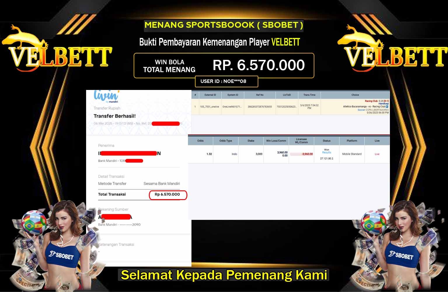 VELBETT JACKPOT SPORTBOOK (SBOBET) Rp.6.57.000,- LUNAS