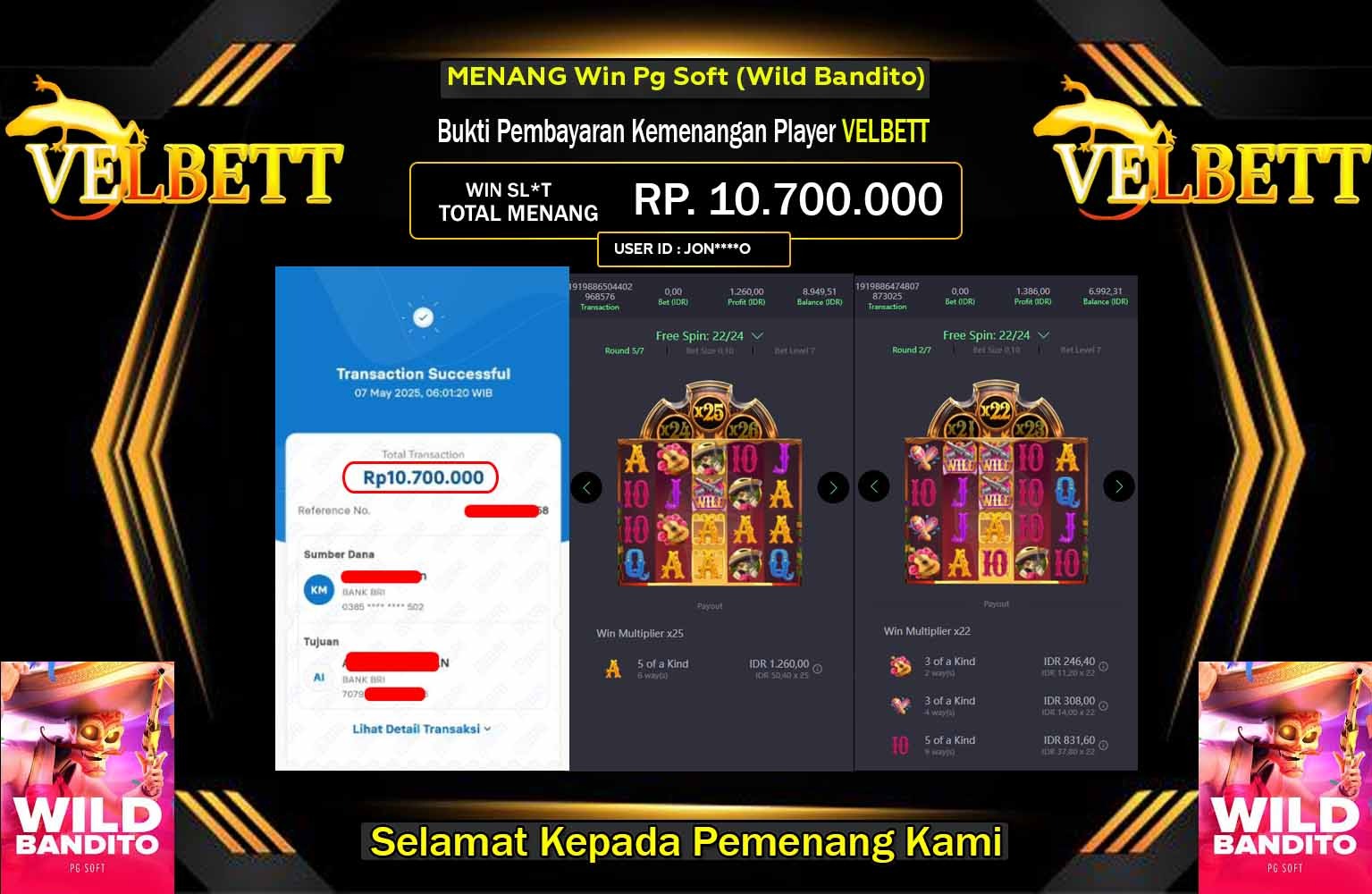VELBETT JACKPOT Pg Soft (Wild Bandito) Rp.10.700.000,- LUNAS