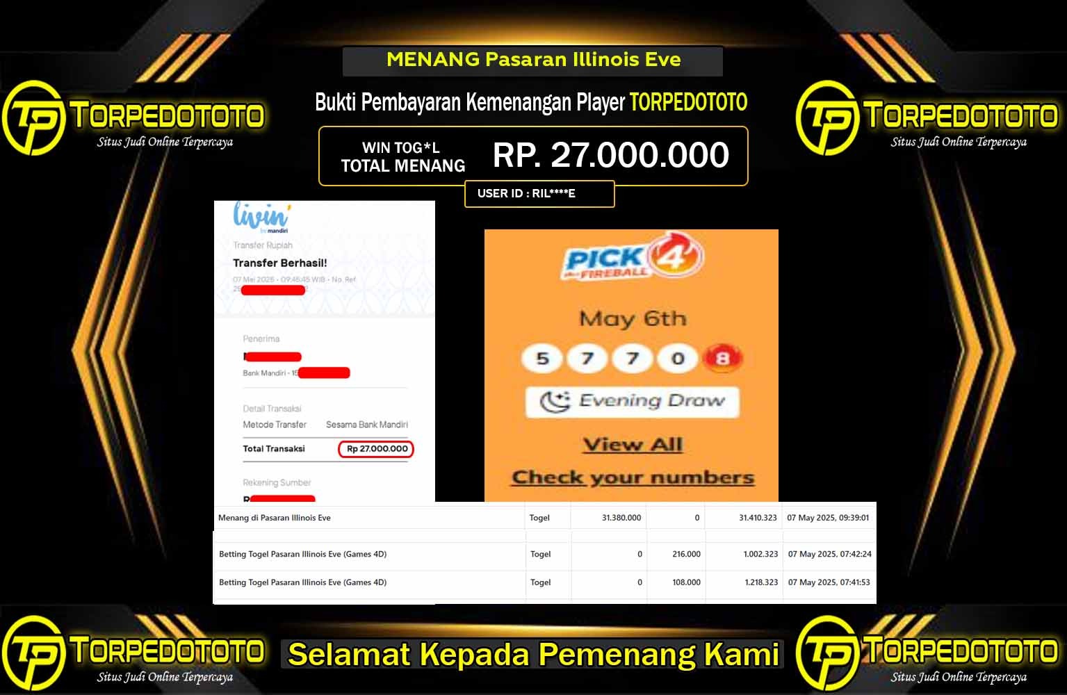 TORPEDOTOTO JACKPOT Togel Pasaran Illinois Eve (Games 4D) Rp.27.000.000,- LUNAS