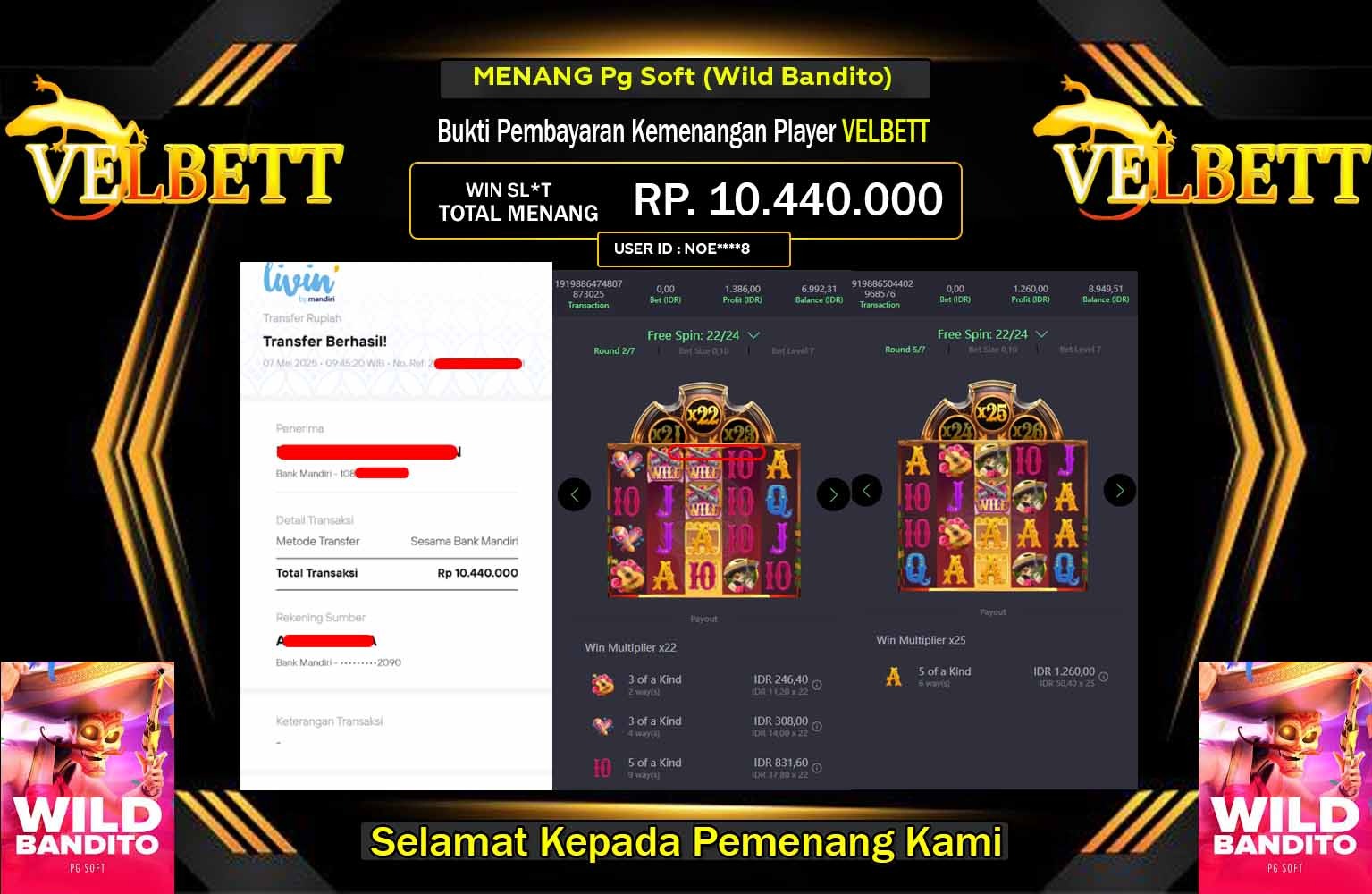 VELBETT JACKPOT Pg Soft (Wild Bandito) Rp.10.440.000,- LUNAS