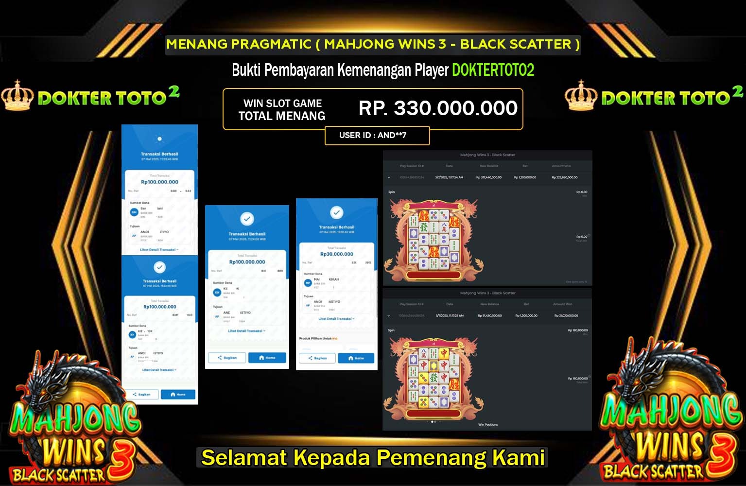 DOKTERTOTO2 JACKPOT Pragmatic (Mahjong Wins 3 - Black Scatter) Rp.330.000.000,- LUNAS