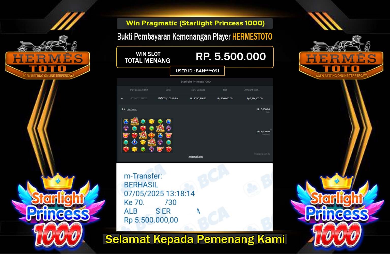 HERMESTOTO JACKPOT Pragmatic (Starlight Princess 1000) Rp.5.500.000,- LUNAS
