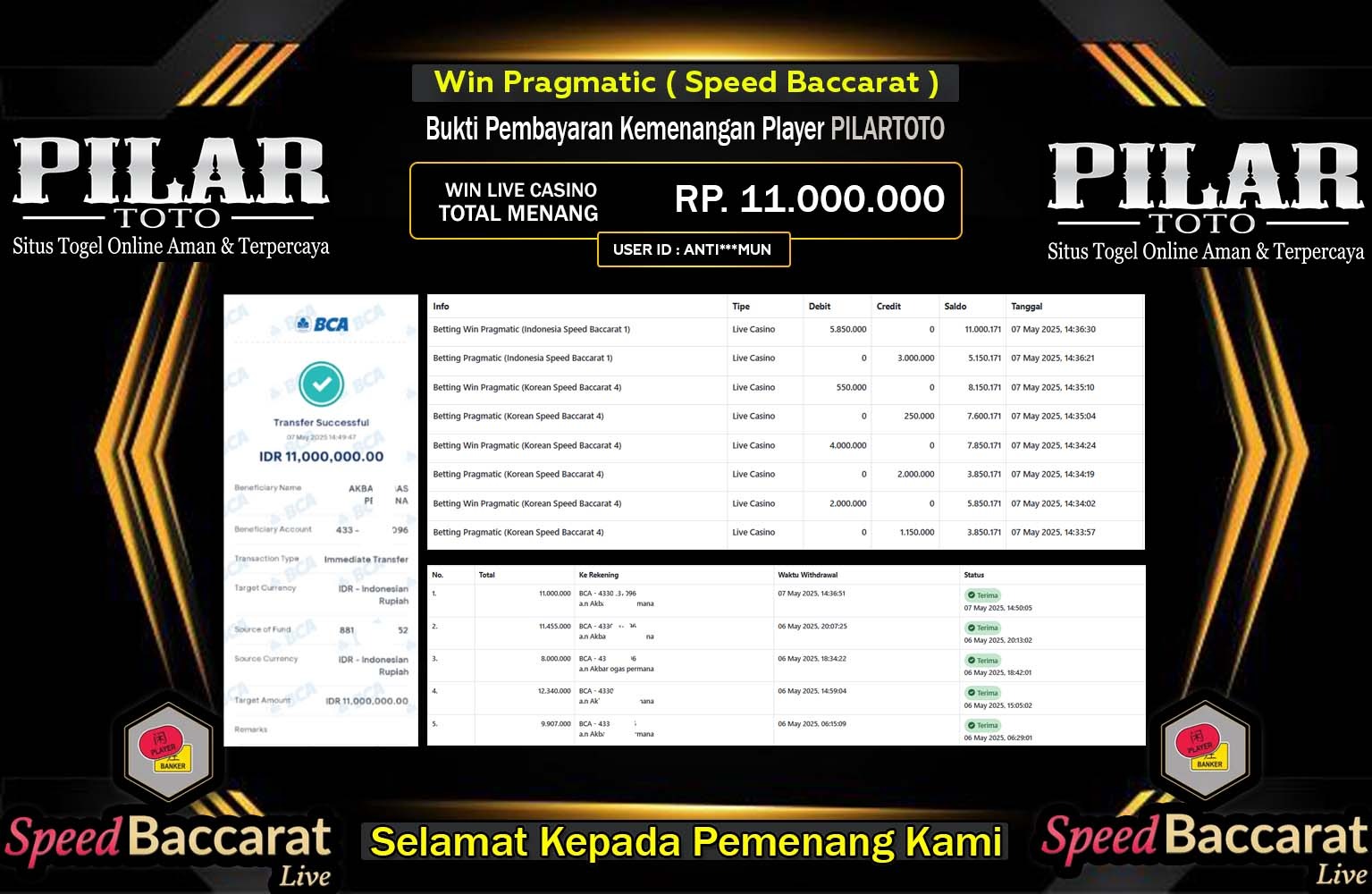 PILARTOTO JACKPOT Pragmatic (Indonesia Speed Baccarat 1) Rp.11.000.000,- LUNAS