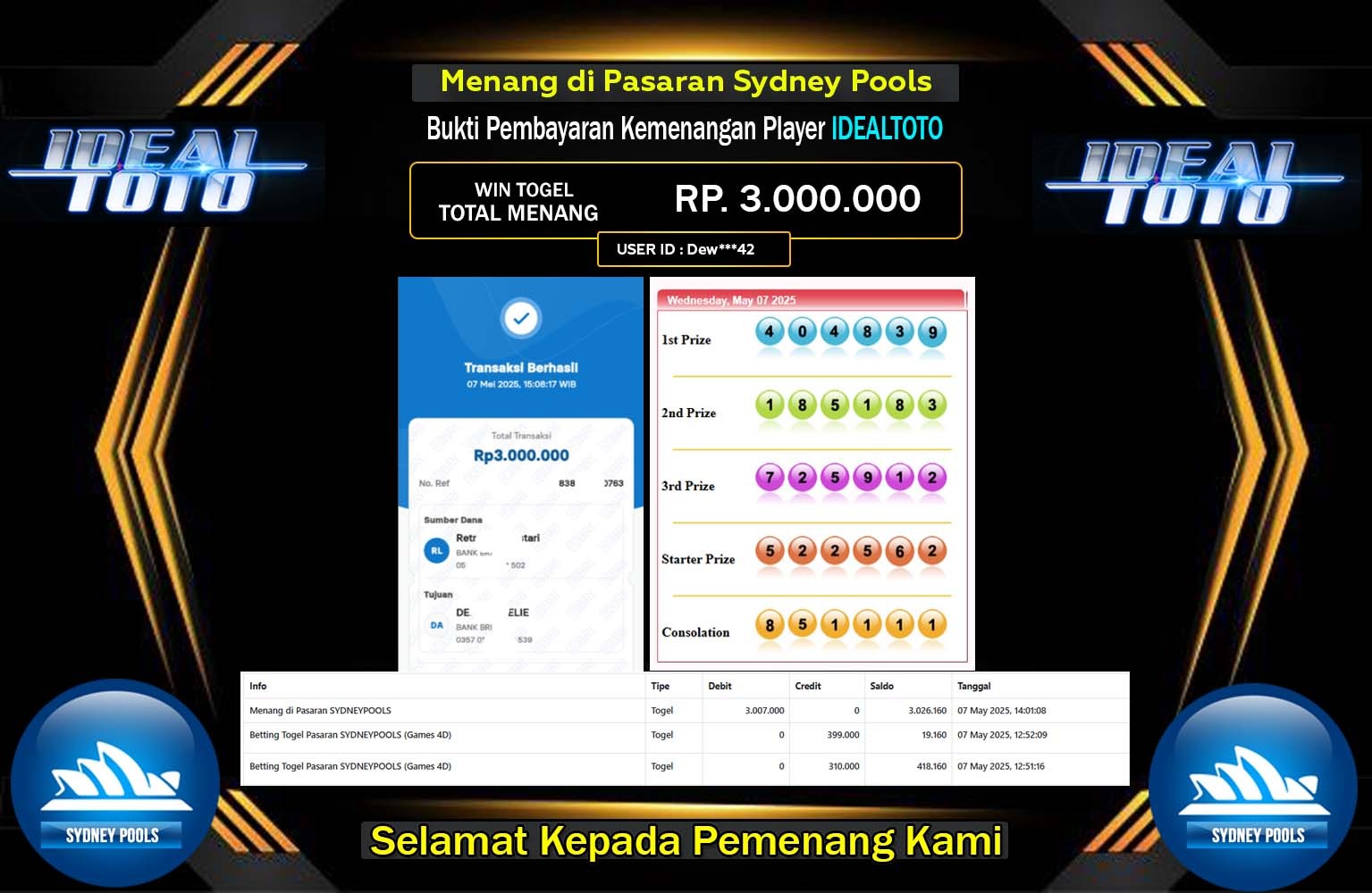 IDEALTOTO JACKPOT SYDNEY POOLS Rp.3.000.000,- LUNAS