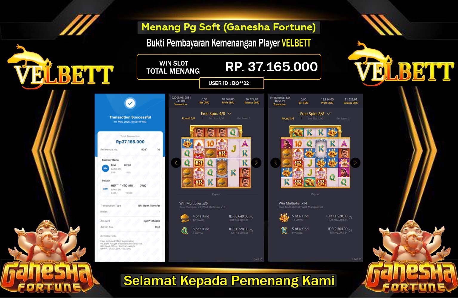 VELBETT JACKPOT Pg Soft (Ganesha Fortune) Rp.37.165.000,- LUNAS