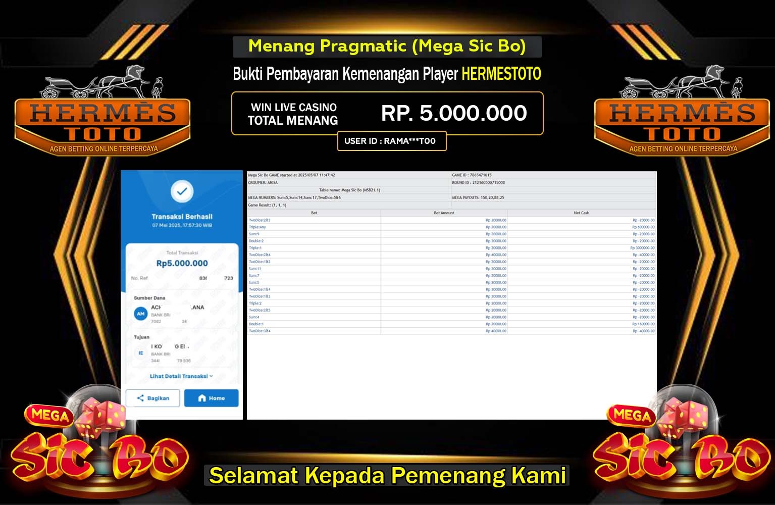 HERMESTOTO JACKPOT Pragmatic (Mega Sic Bo) Rp.5.000.000,- LUNAS