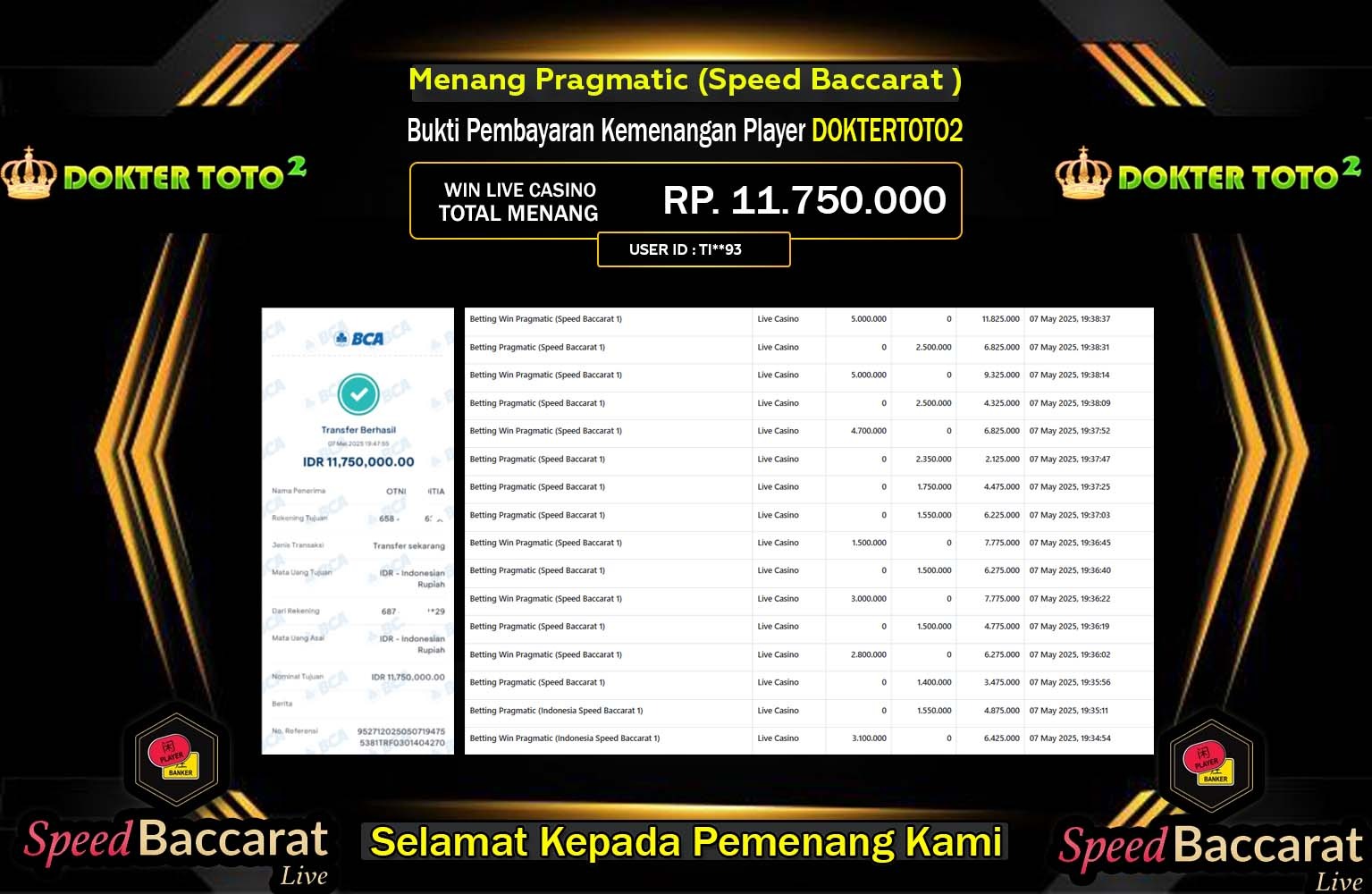 DOKTERTOTO2 JACKPOT Pragmatic (Speed Baccarat 1) Rp.11.750.000,- LUNAS